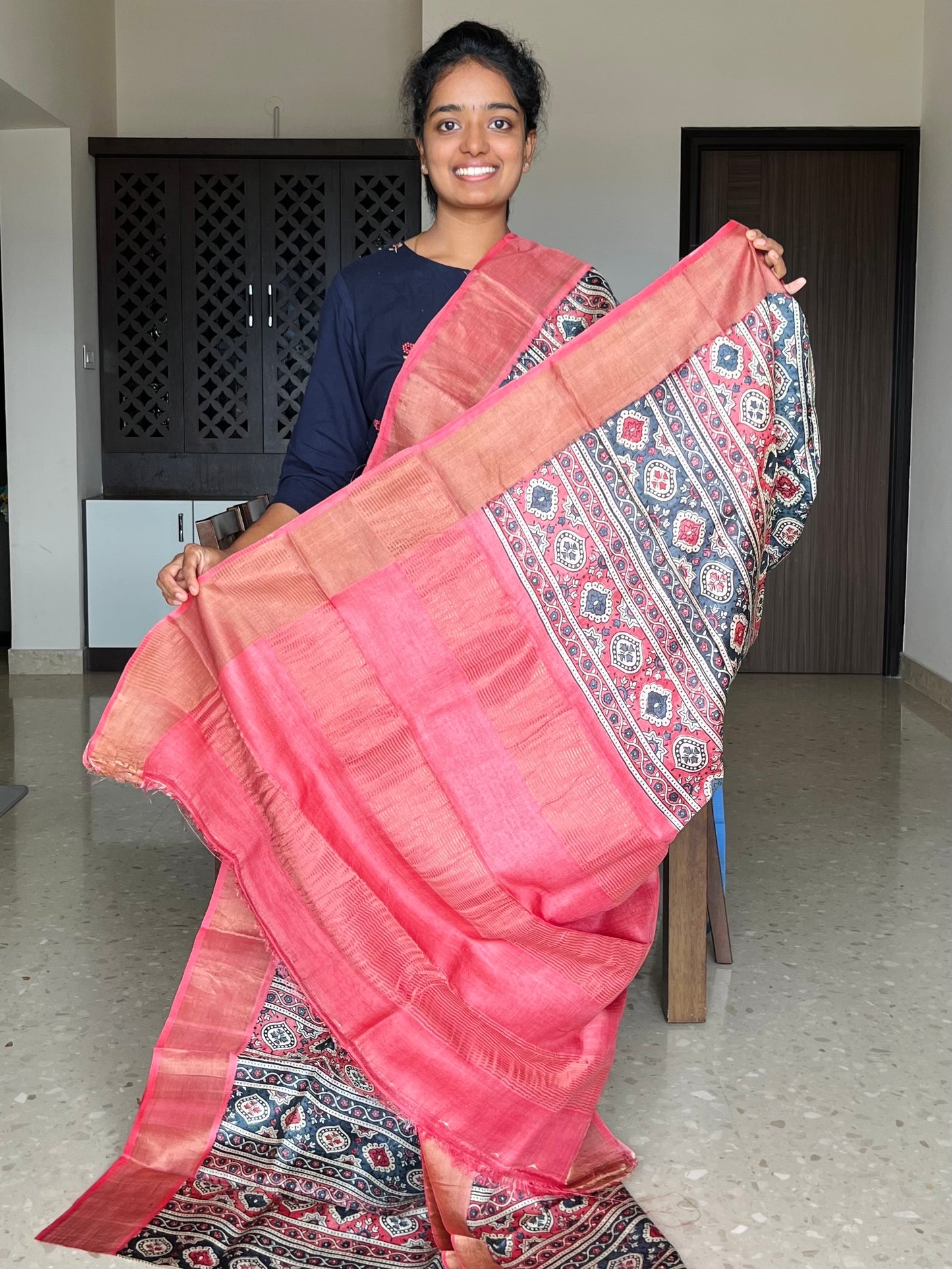 Grey and Red Tussar Silk Saree with Prints