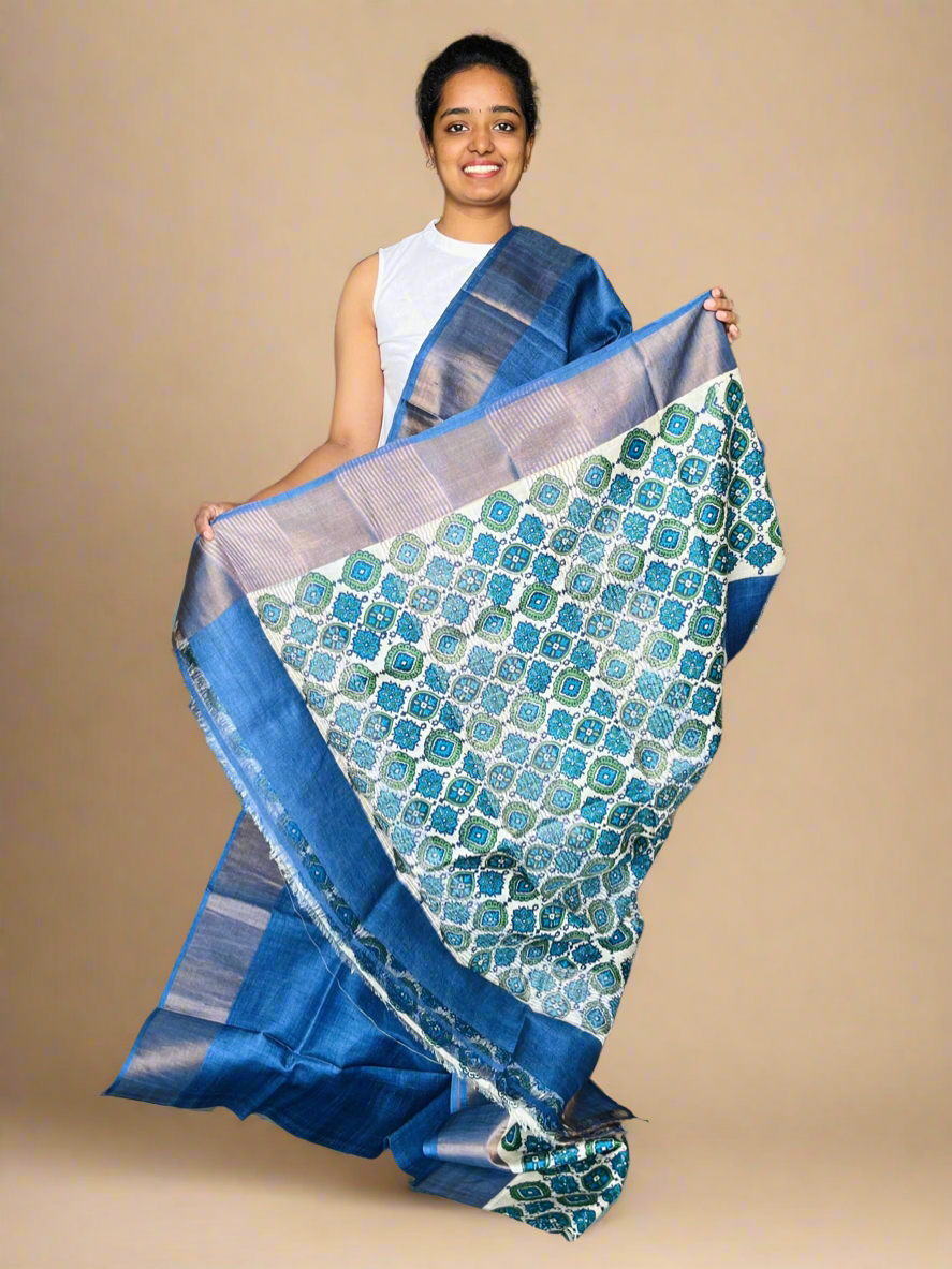 Royal Blue Tussar Silk Saree with Prints