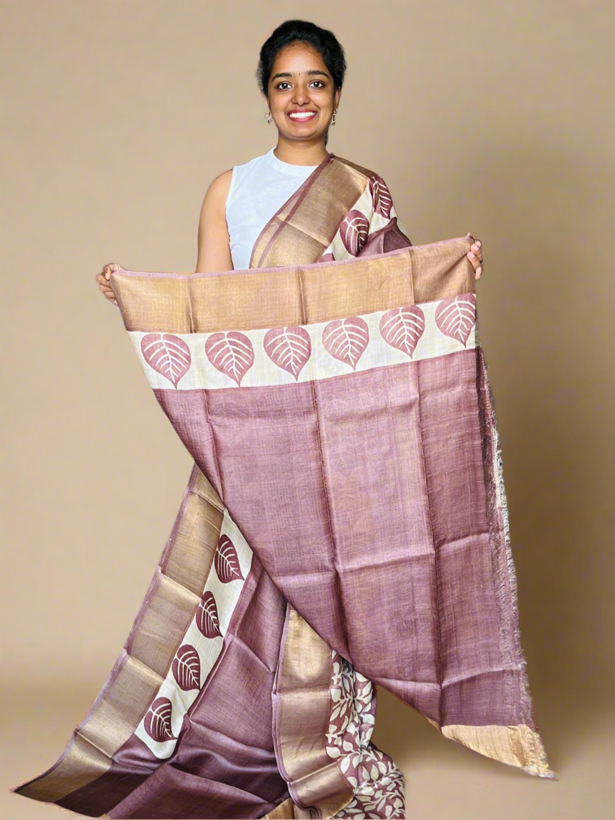 Brown Tussar Silk Saree with Prints
