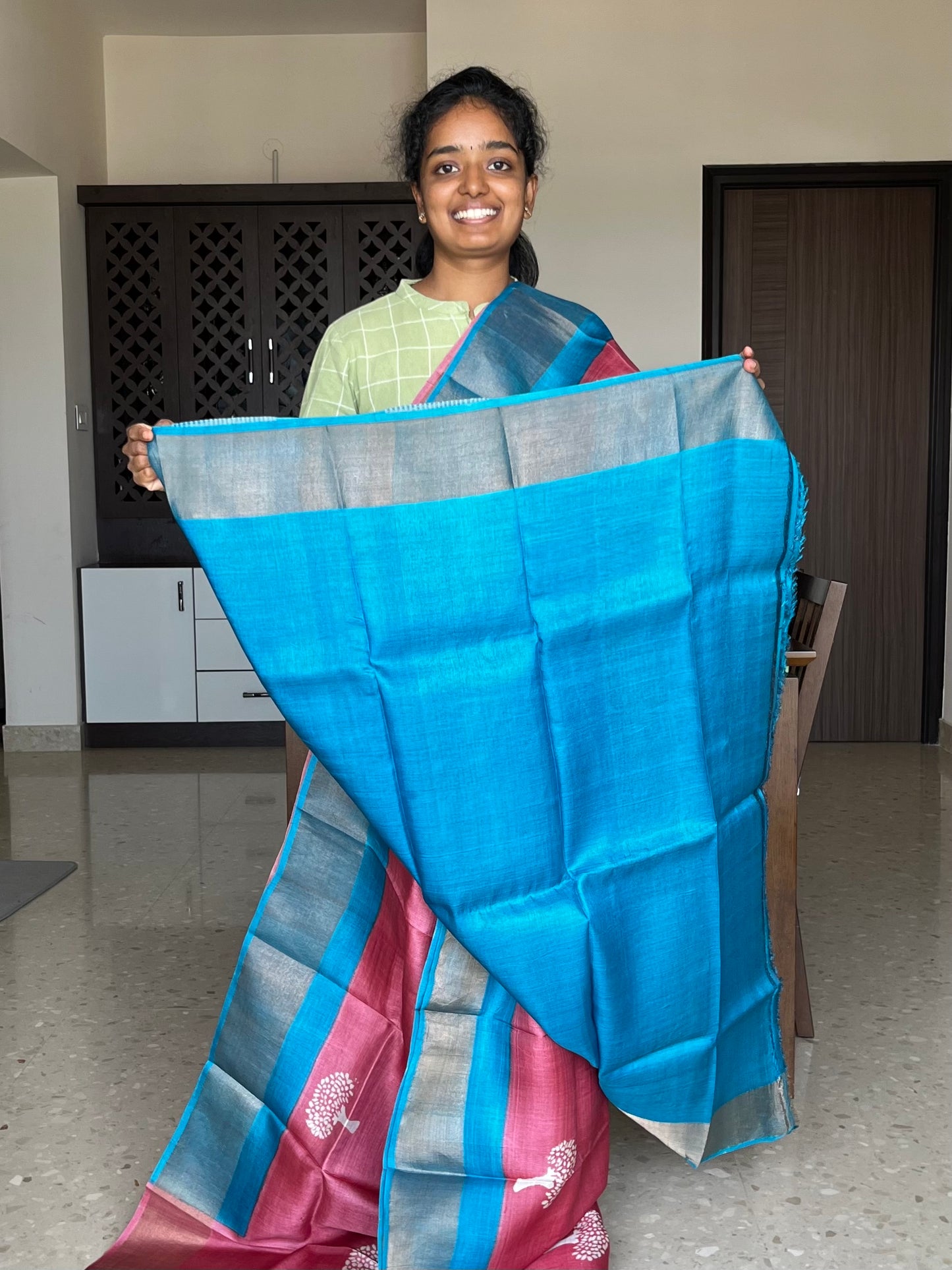 Pink and Blue Tussar Silk Saree with Prints