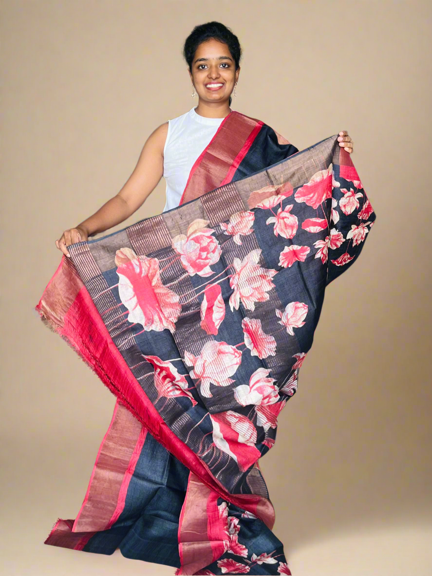 Black and Red Tussar Silk Saree with Prints