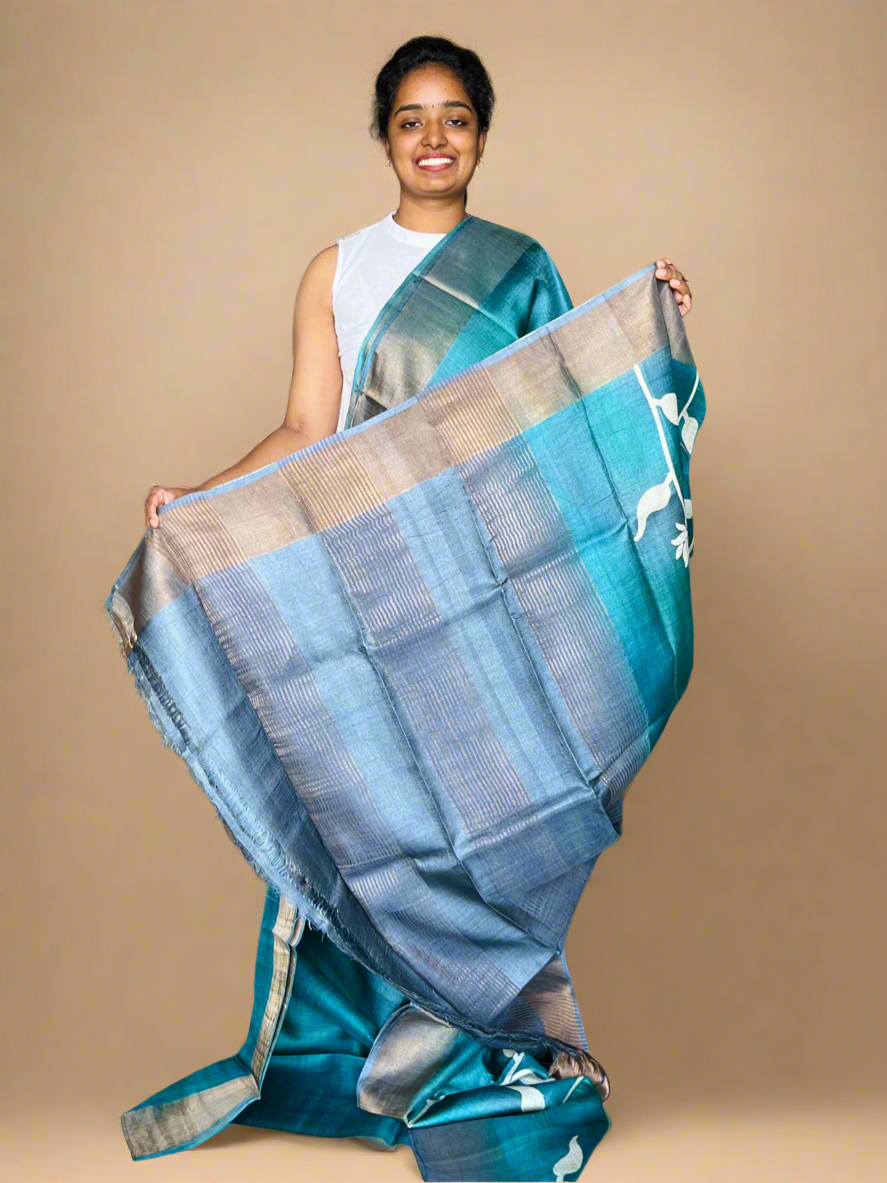 Peacock Green Tussar Silk Saree with Prints