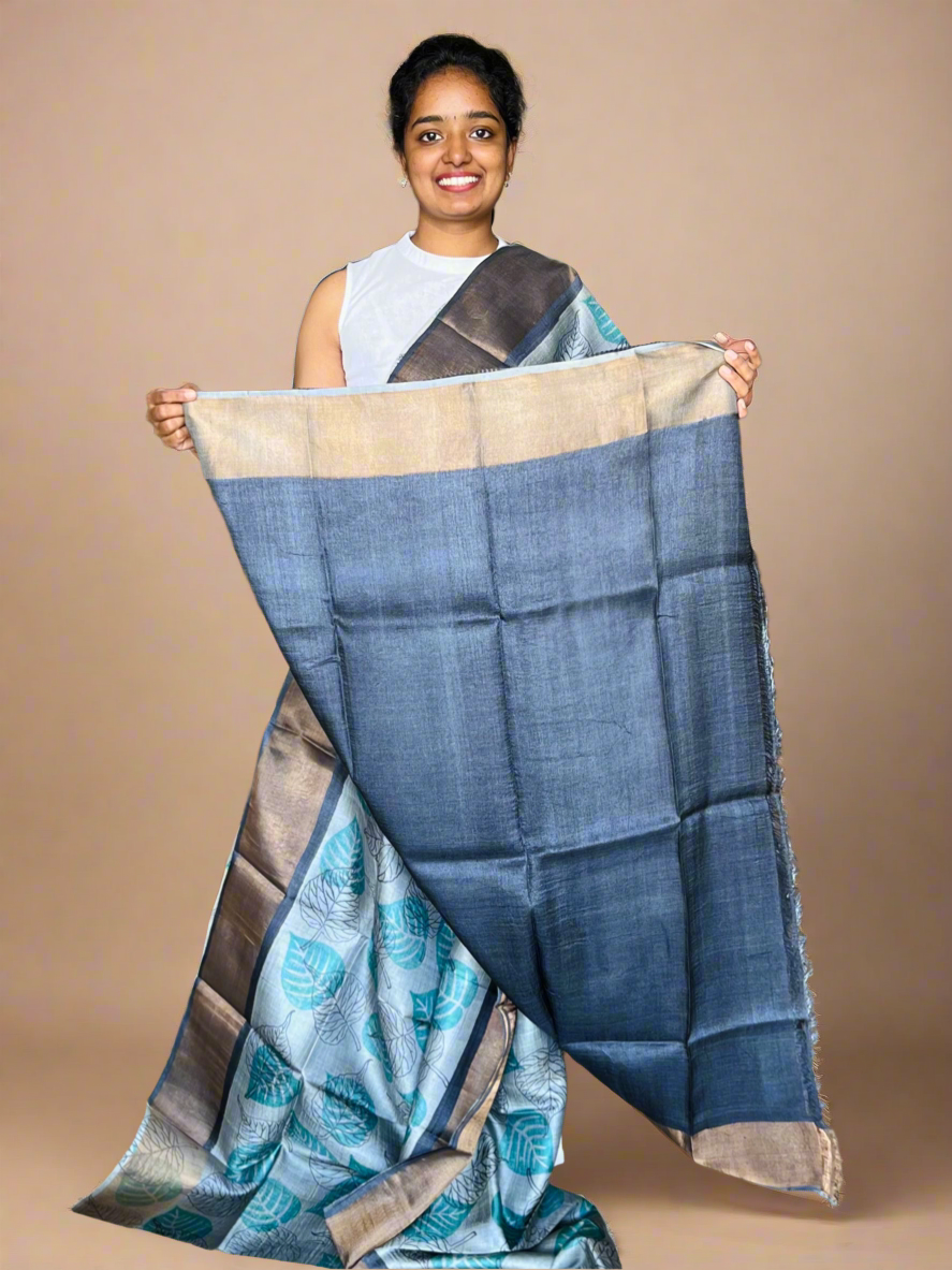 Grey and Black Tussar Silk Saree with Prints