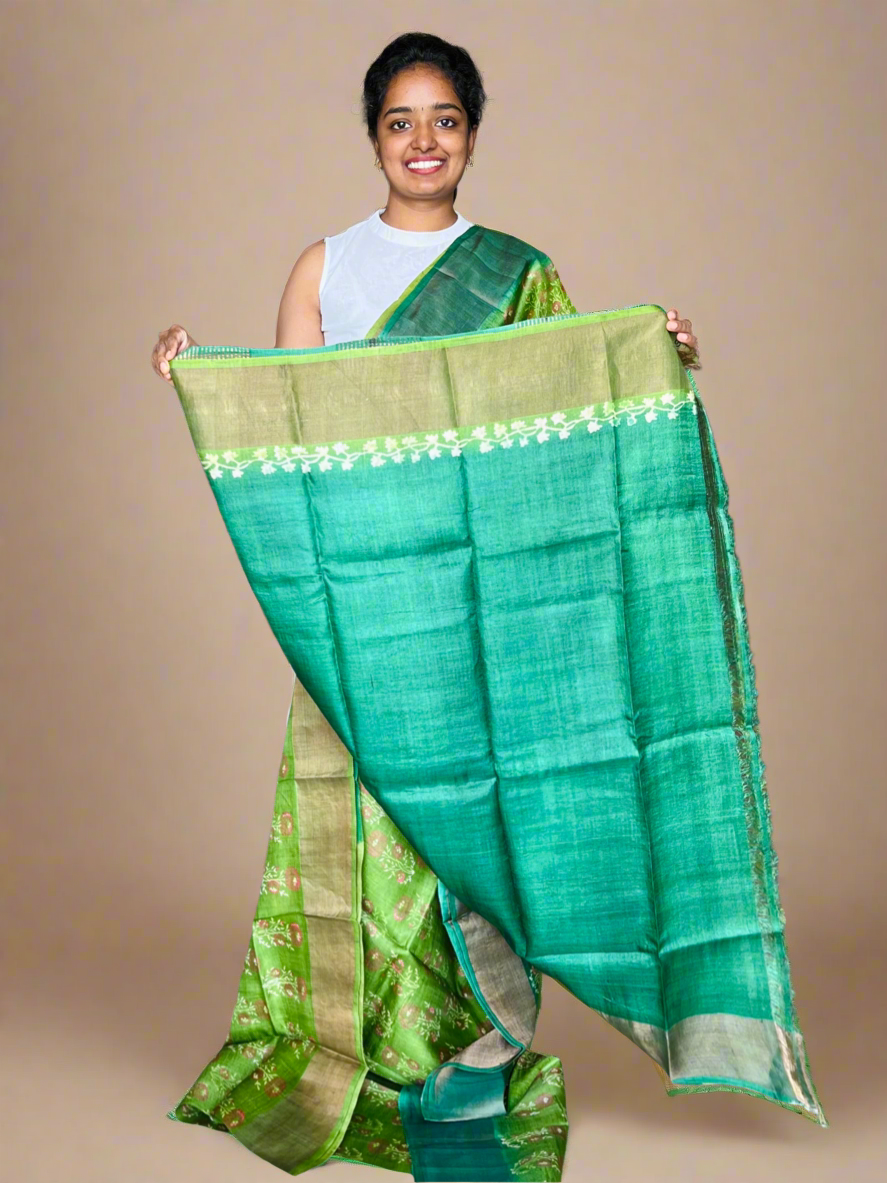 Green Tussar Silk Saree with Prints