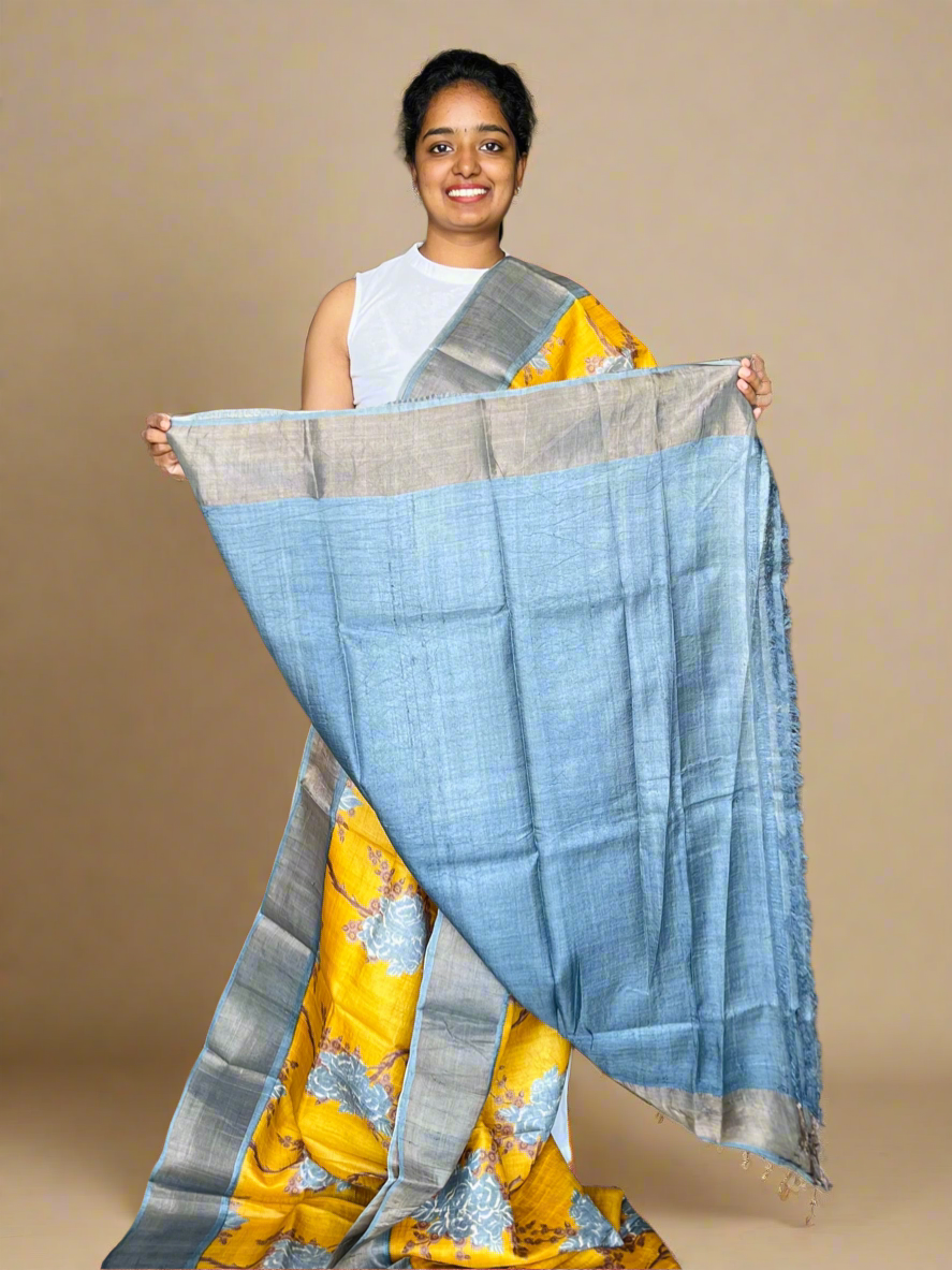 Lime Green and Grey Tussar Silk Saree with Prints