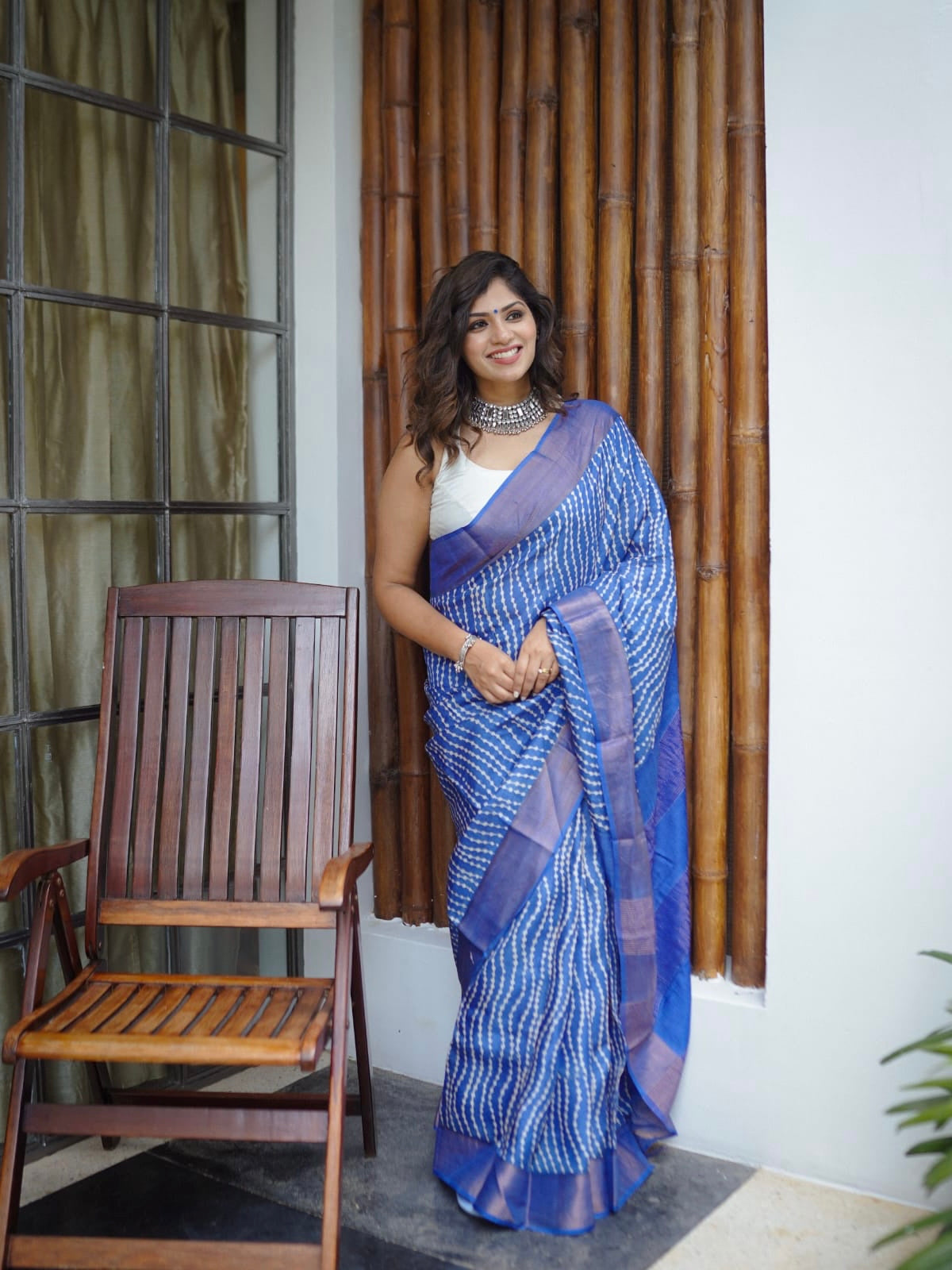 Royal Blue Tussar Silk Saree with Prints