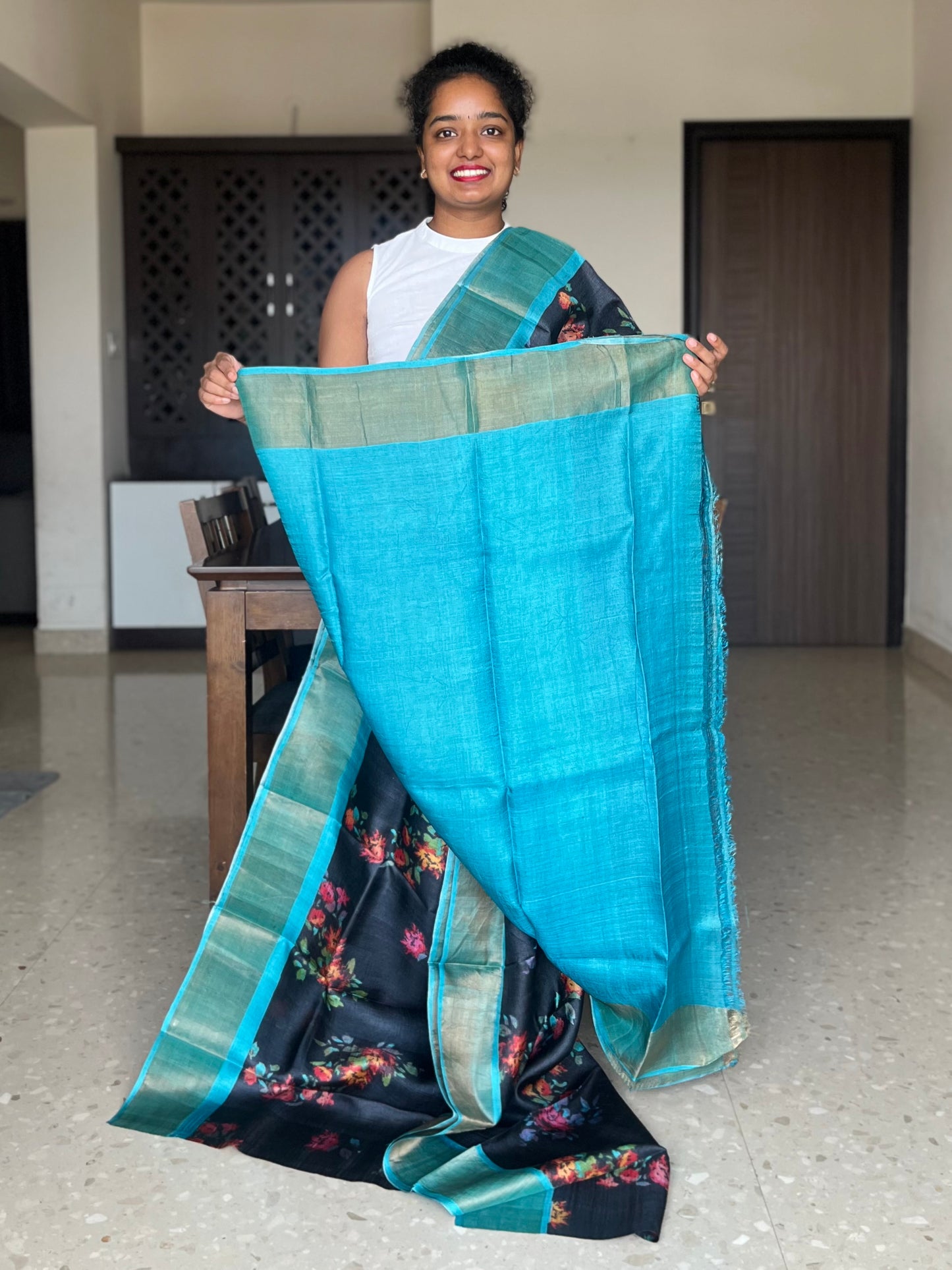 Black and Blue Tussar Silk Saree with Prints