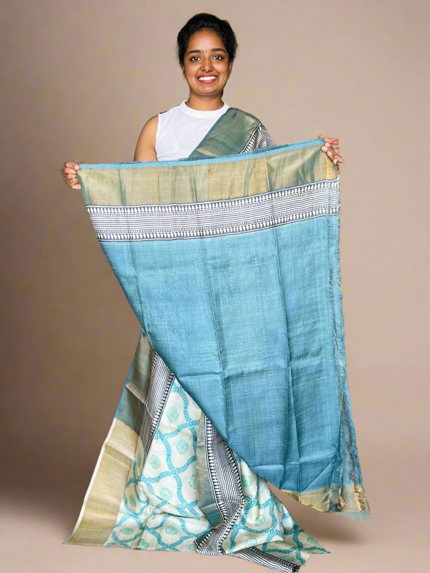 Cream, Blue and Grey Tussar Silk Saree with Prints