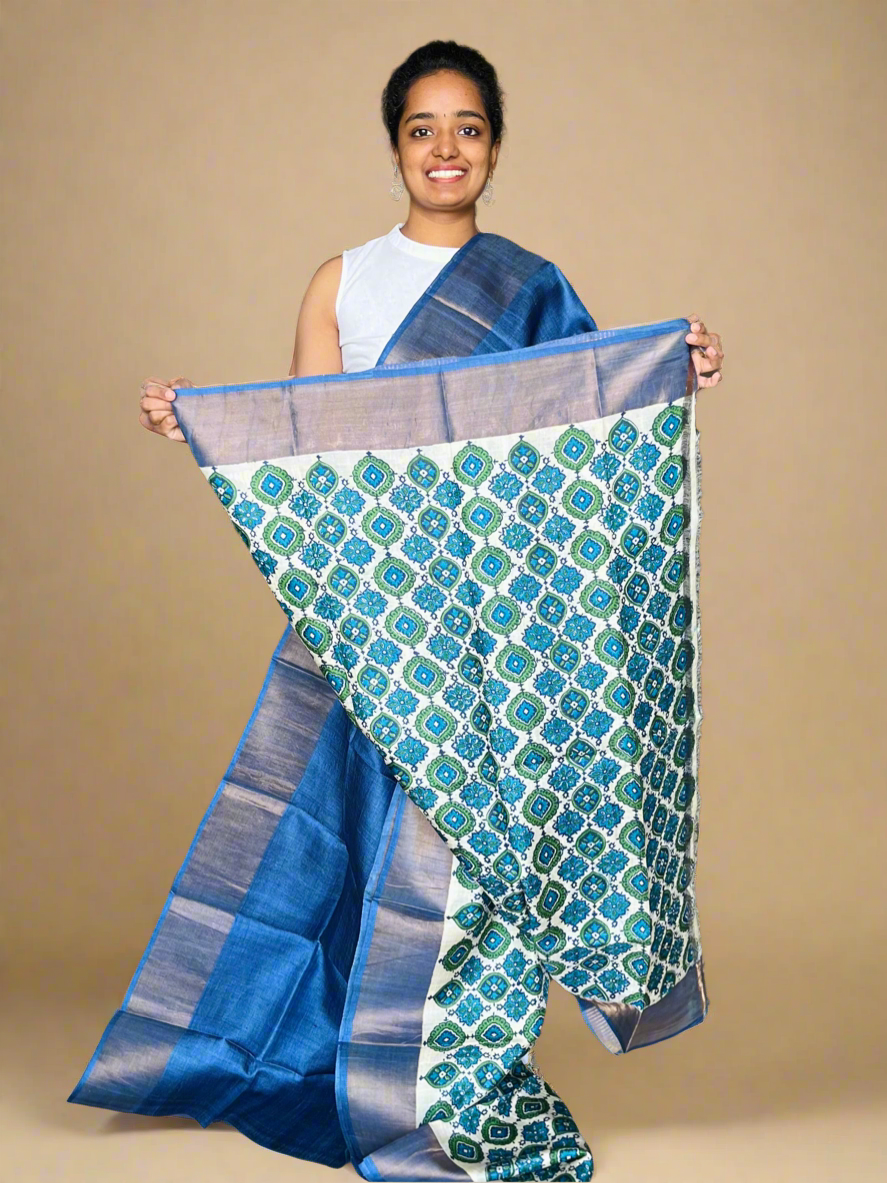Royal Blue Tussar Silk Saree with Prints