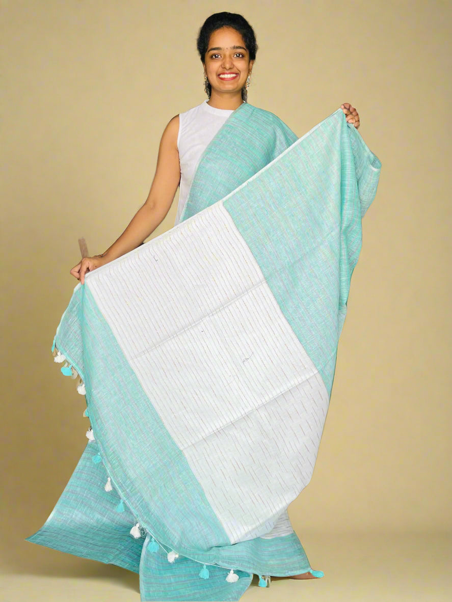 Cyan and Grey Linen Saree