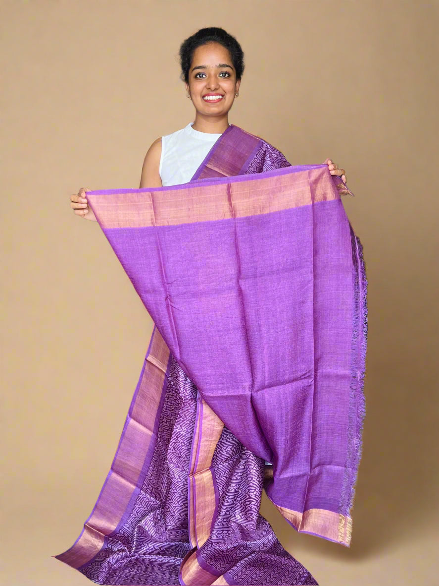 Lilac and Lavender Tussar Silk Saree with Prints