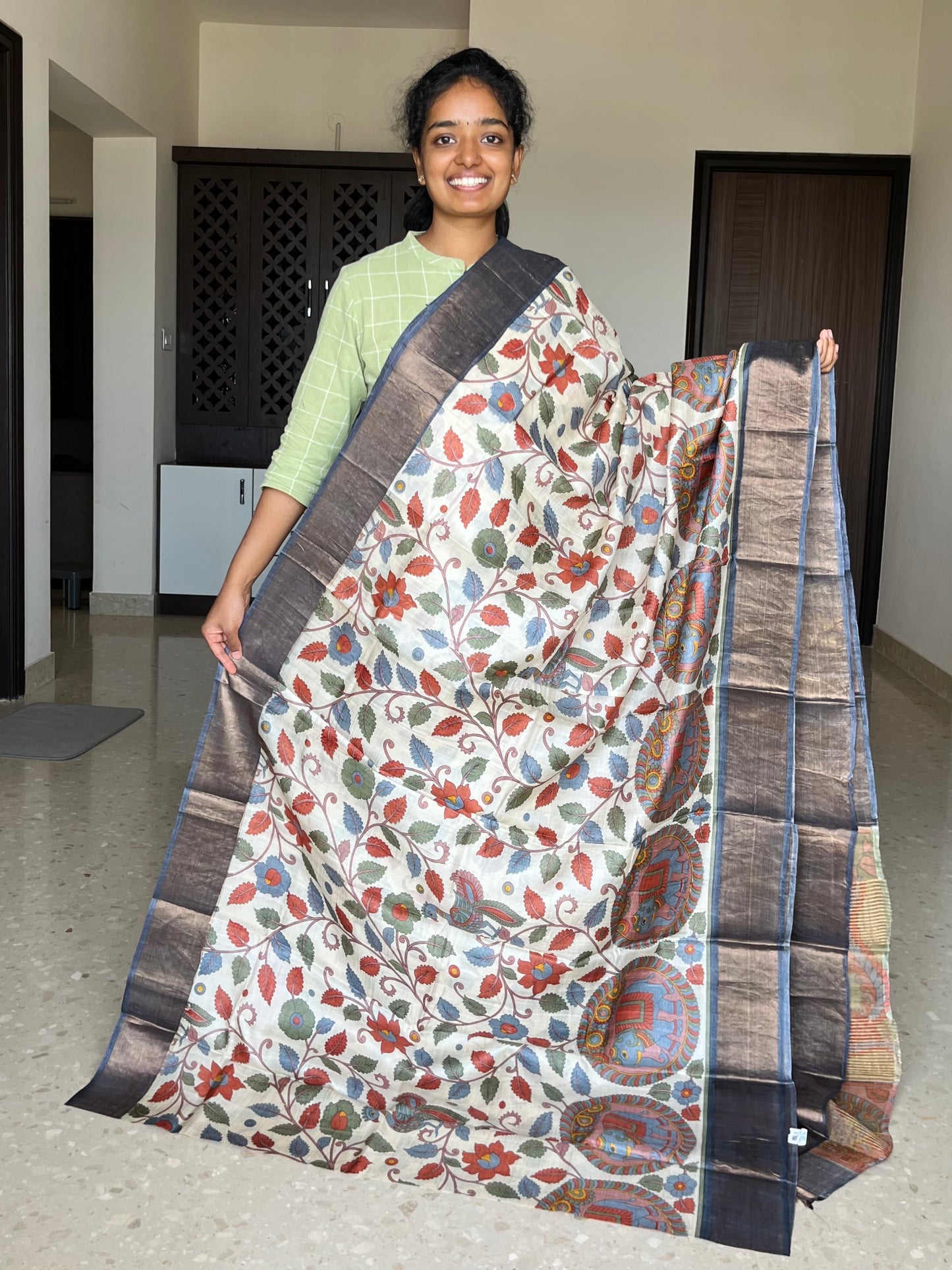 Cream and Grey Tussar Silk Saree with Kalamkaari Prints