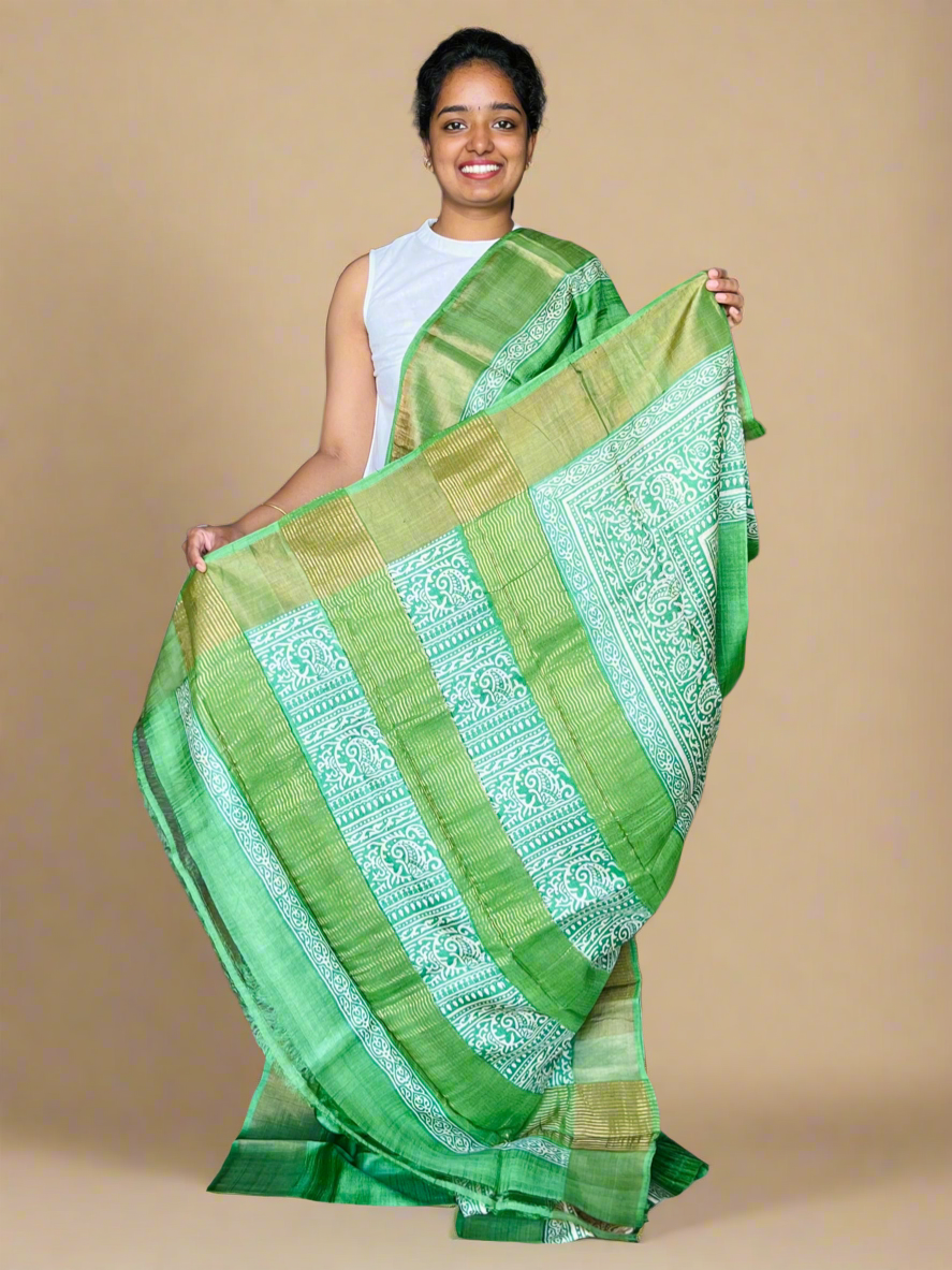Green Tussar Silk Saree with Prints