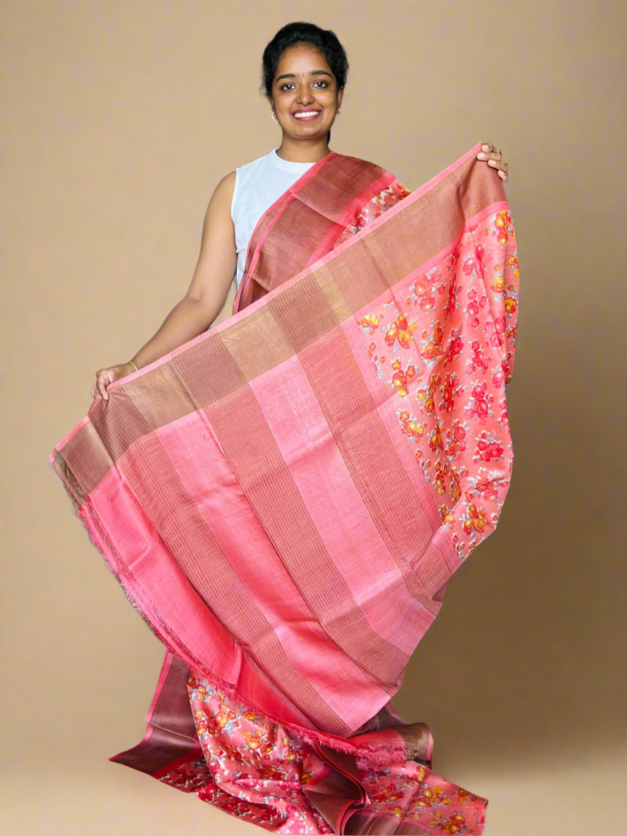 Peach Tussar Silk Saree with Prints