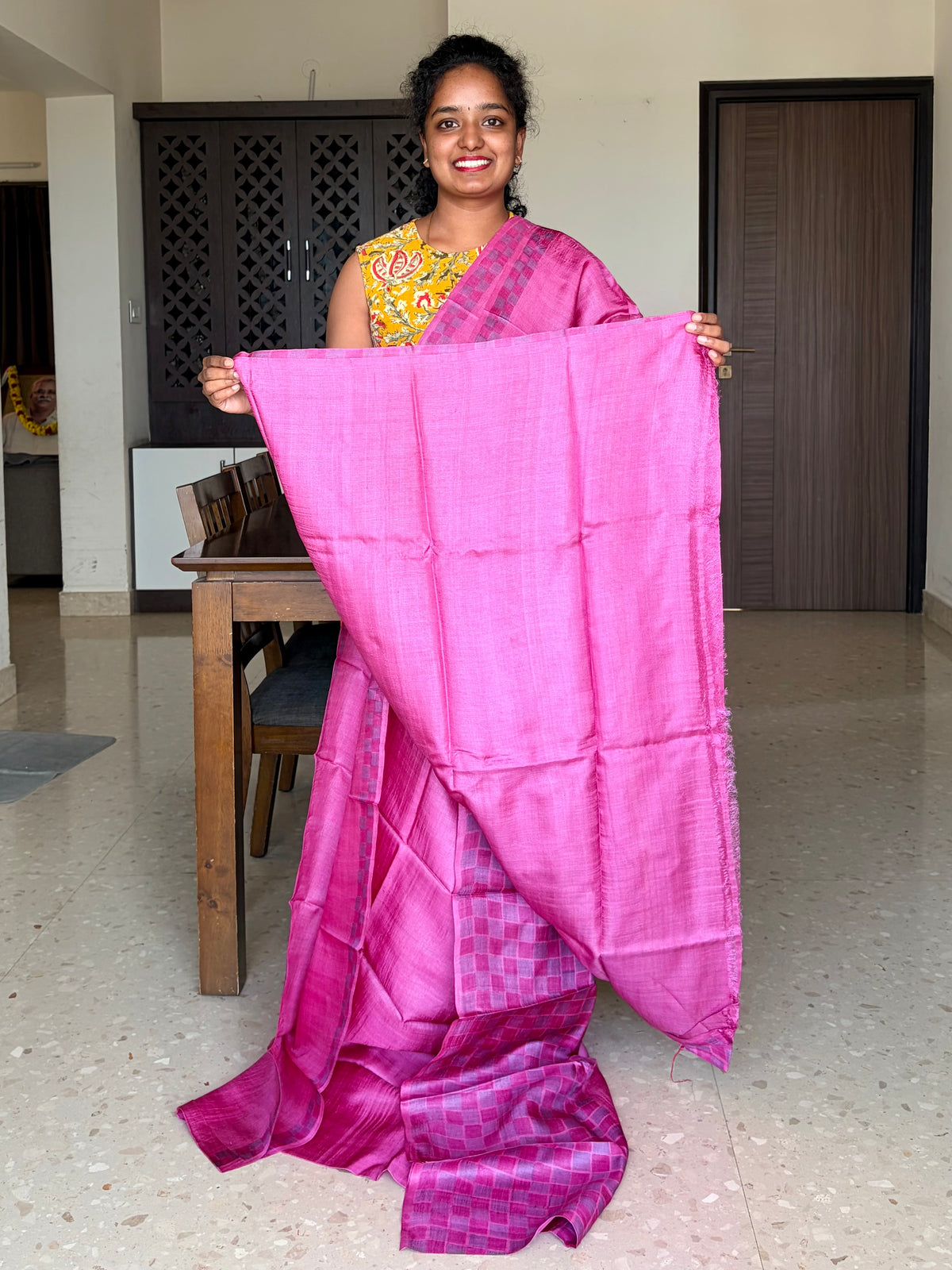 Pink Tussar Silk Saree with Prints
