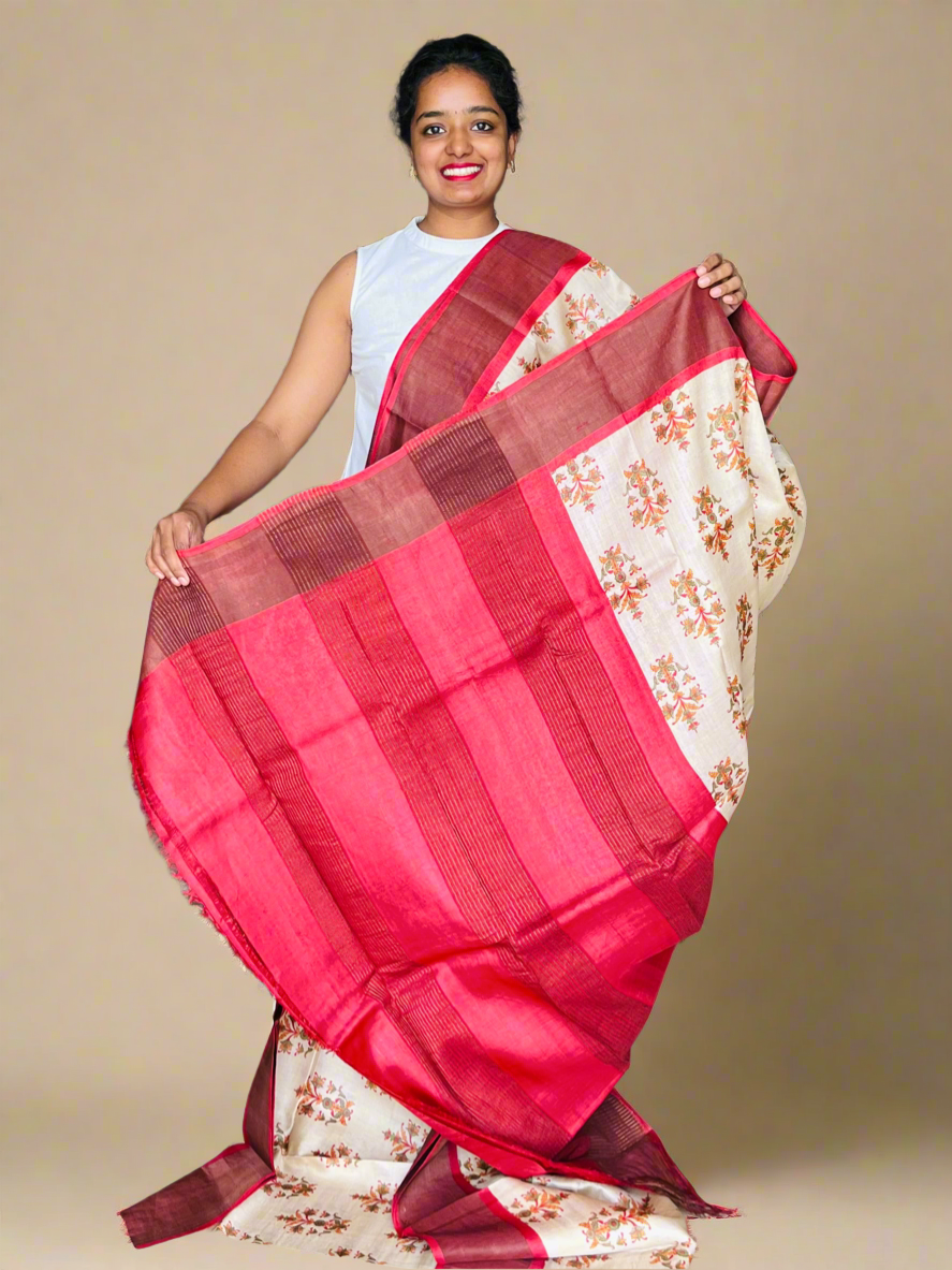 Cream and Red Tussar Silk Saree with Prints