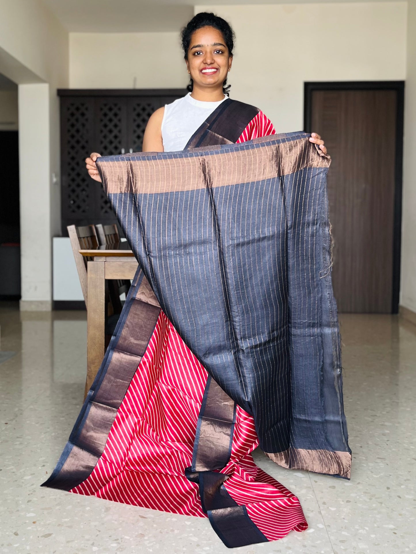 Red and Black Tussar Silk Saree with Prints
