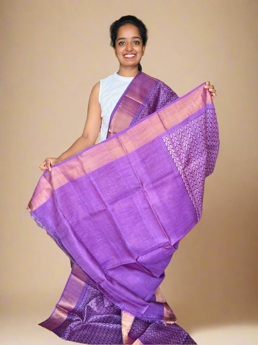 Lilac and Lavender Tussar Silk Saree with Prints