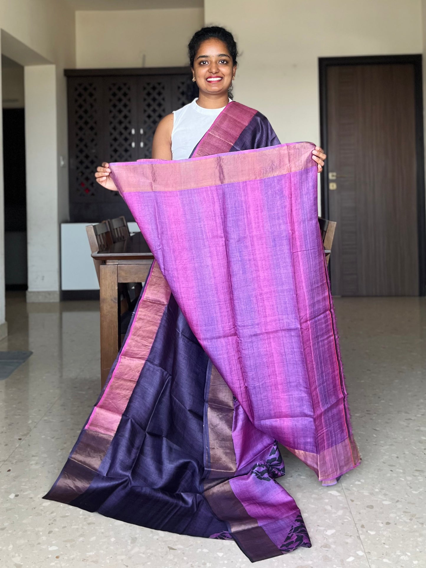 Purple Tussar Silk Saree with Prints