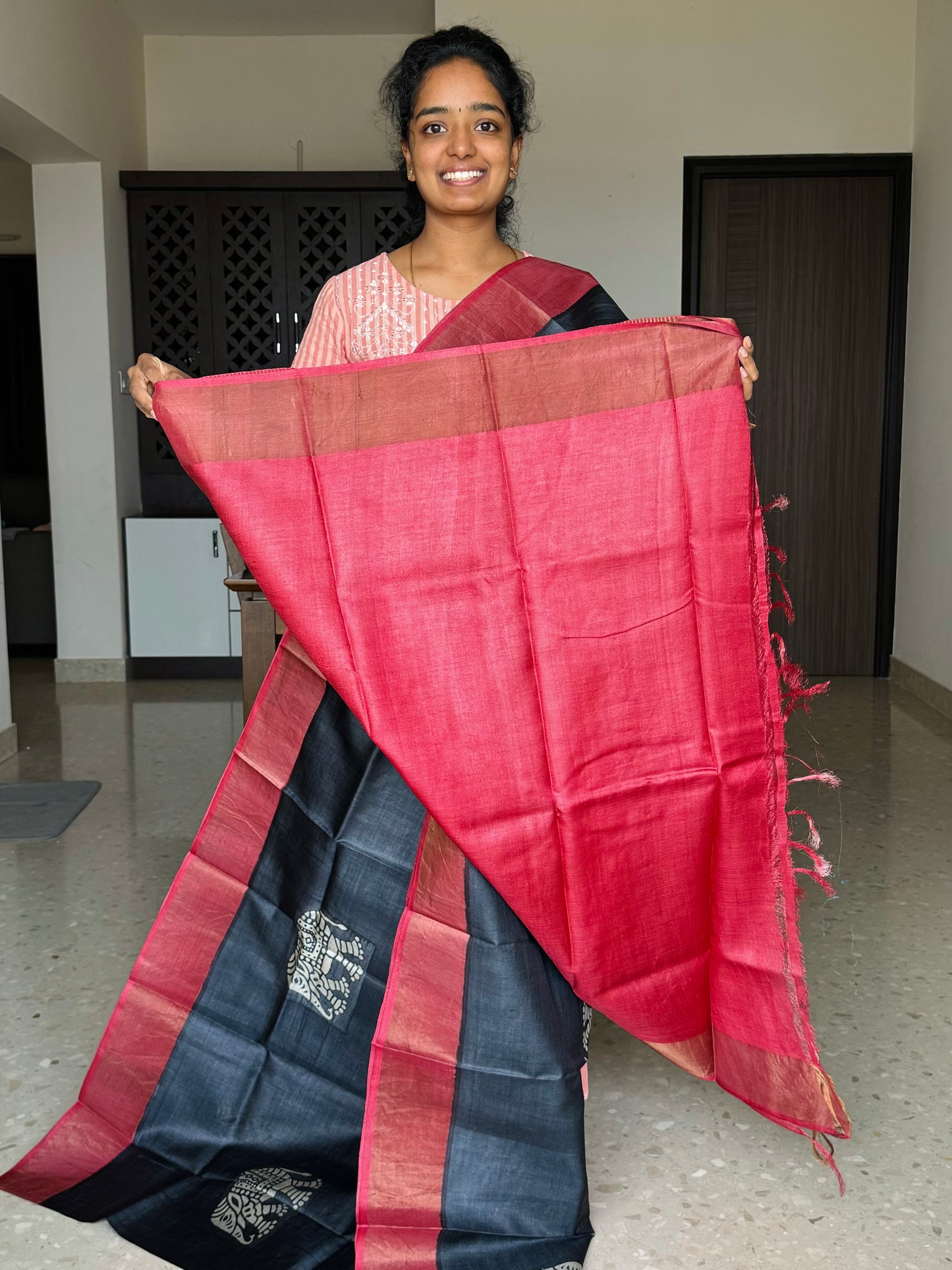 Black and Red Tussar Silk Saree with Prints