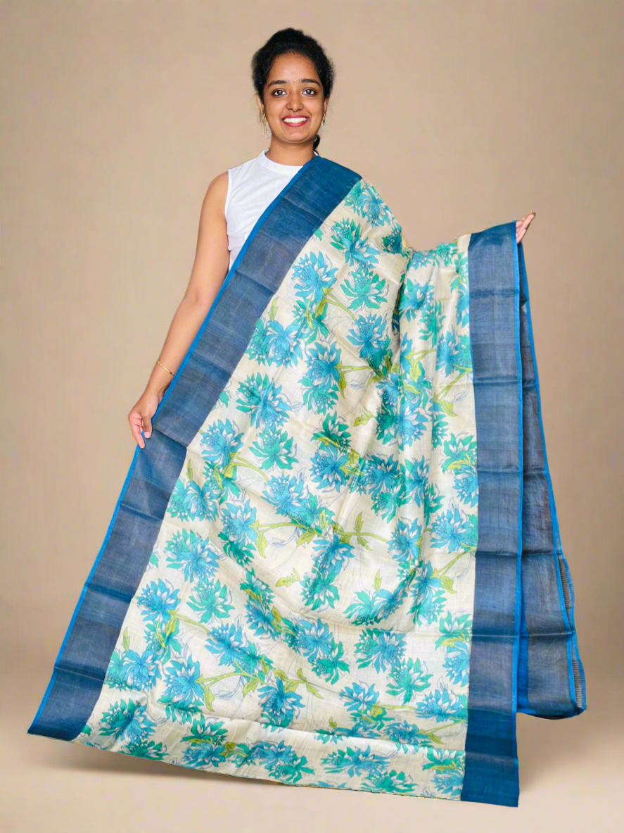 Cream and Blue Tussar Silk Saree with Prints