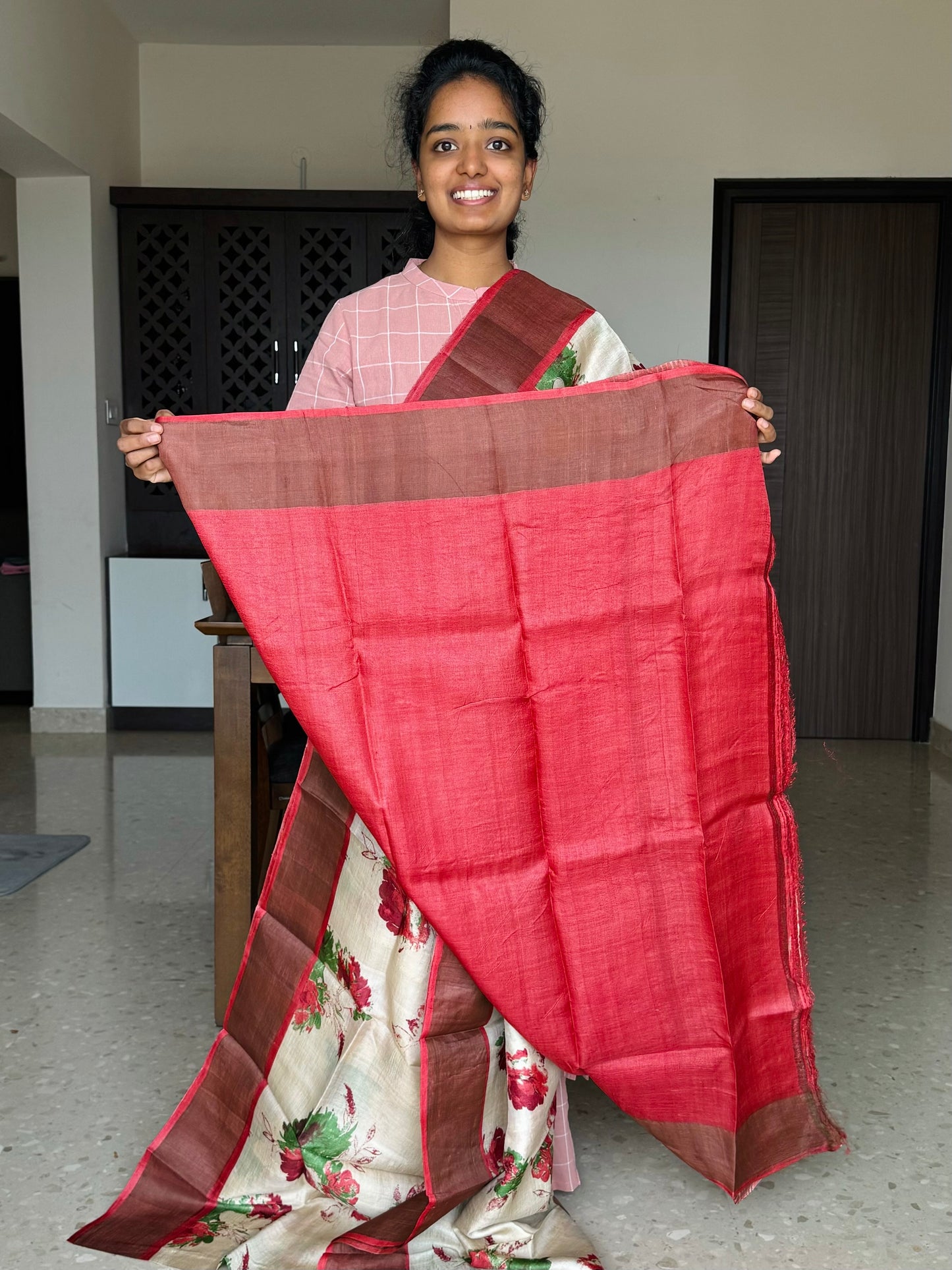 Cream and Red Tussar Silk Saree with Prints