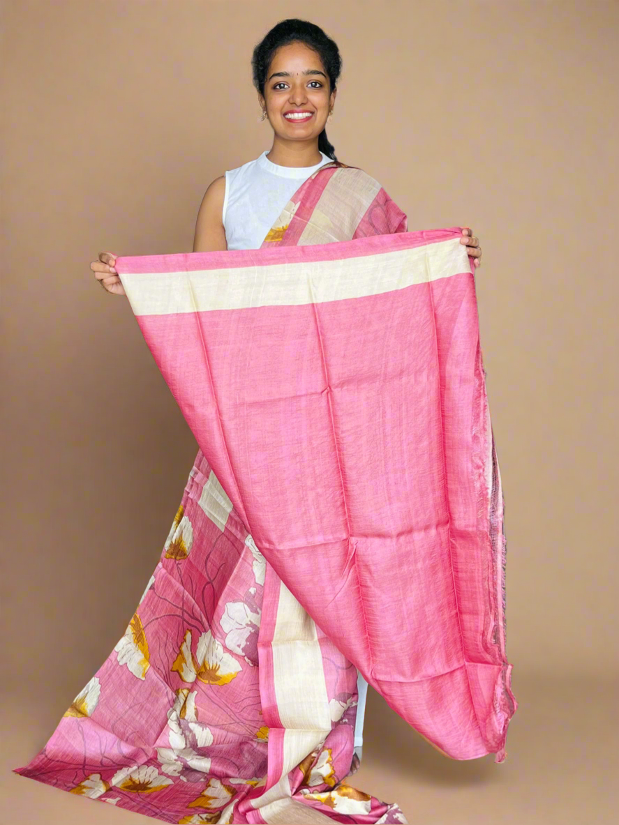Pink Tussar Silk Saree with Prints