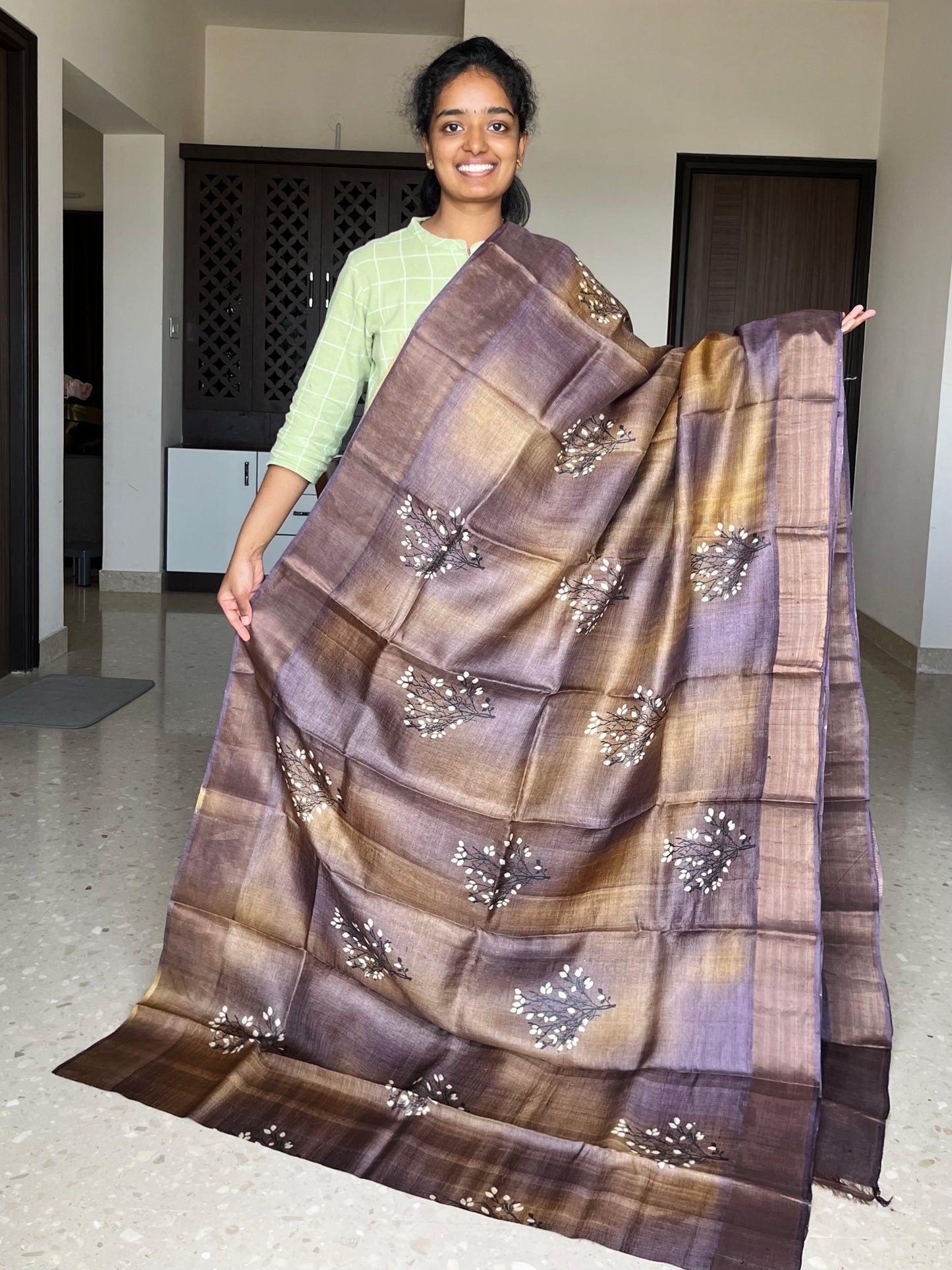 Golden Brown Tussar Silk Saree with Prints