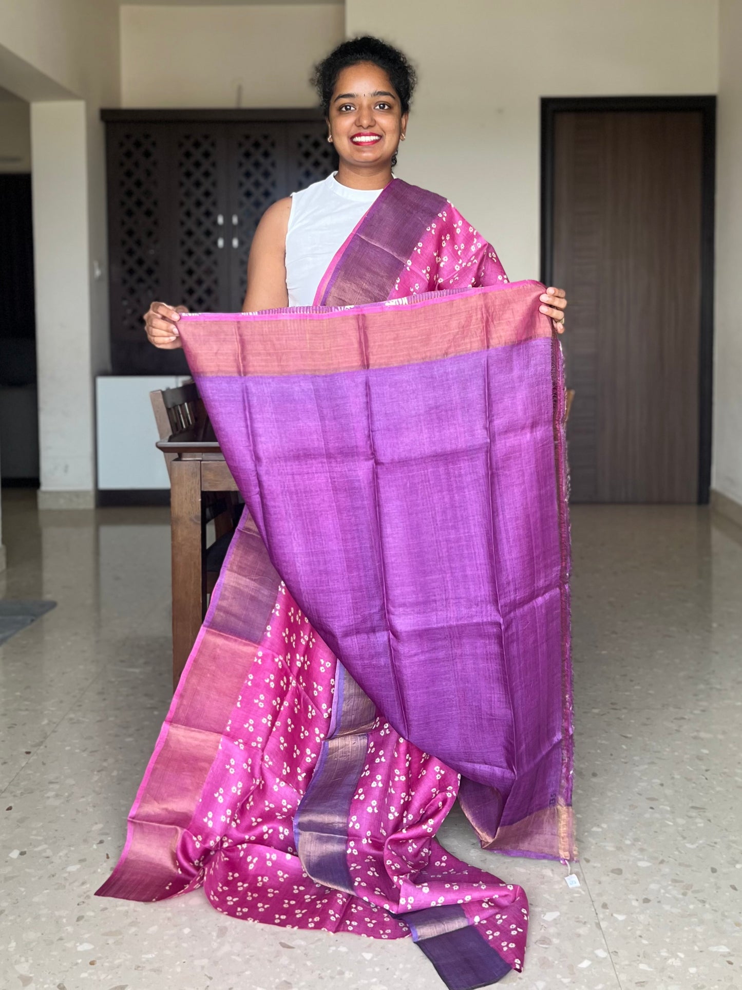 Pink and Purple Tussar Silk Saree with Prints