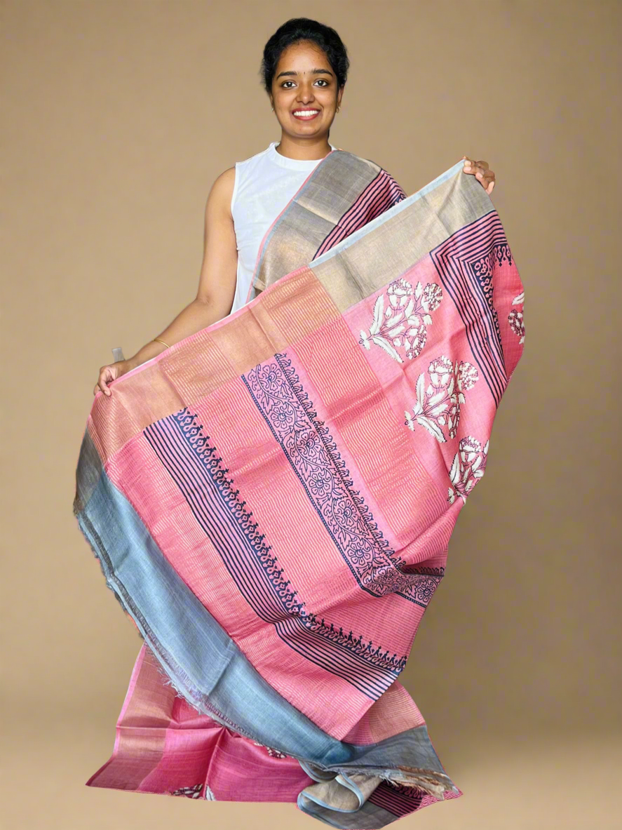 Pink and Grey Tussar Silk Saree with Prints