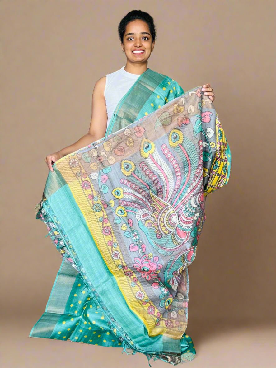 Olive Green Tussar Silk Saree with Prints