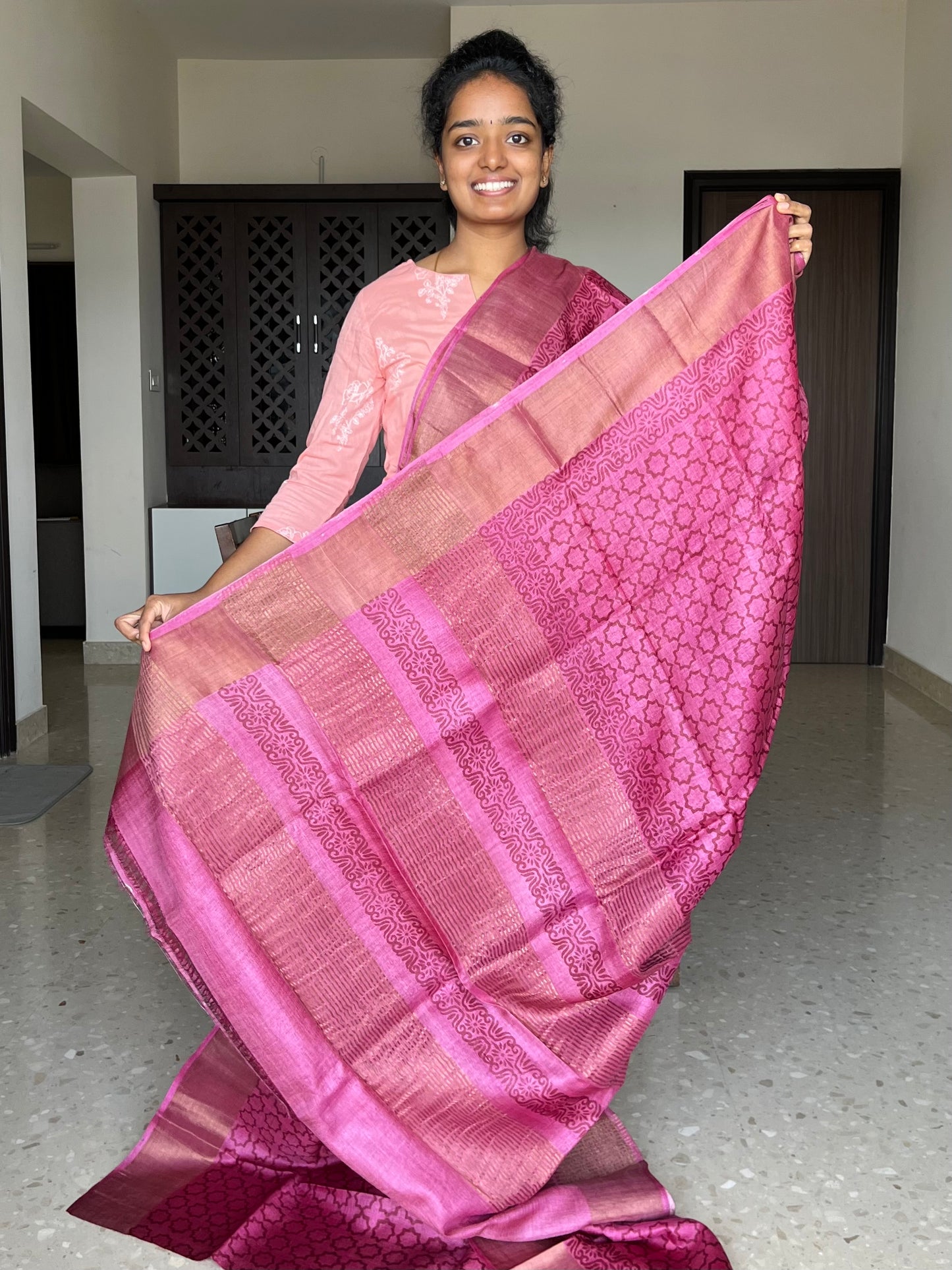 Pink Tussar Silk Saree with Prints