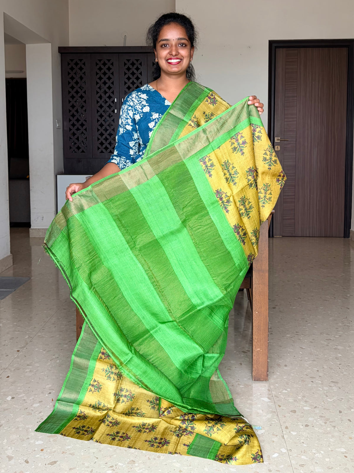 Green Tussar Silk Saree with Prints