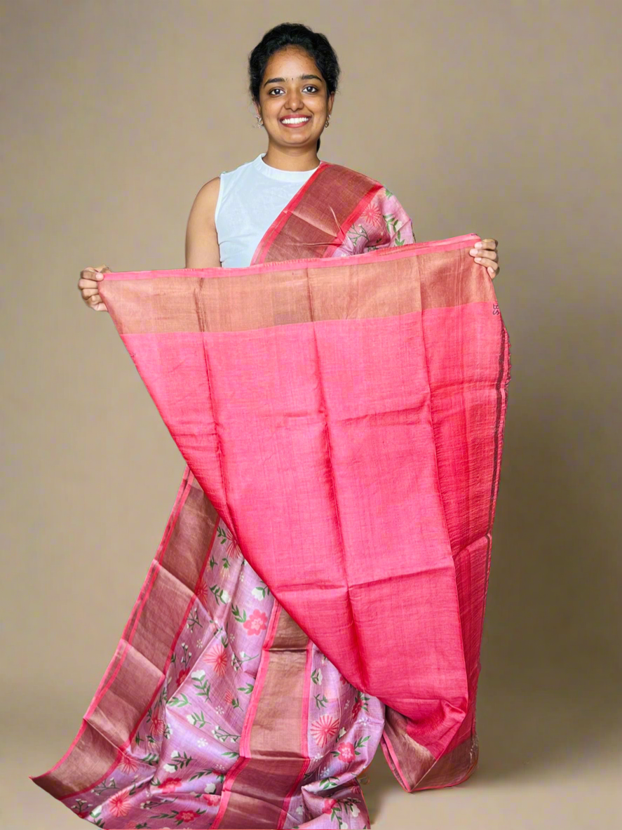Pink and Peach Tussar Silk Saree with Prints