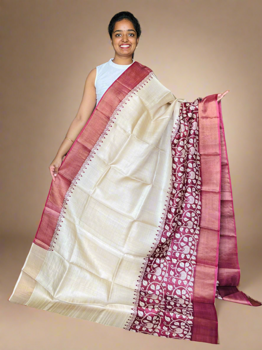 Cream and Maroon Tussar Silk Saree with Prints