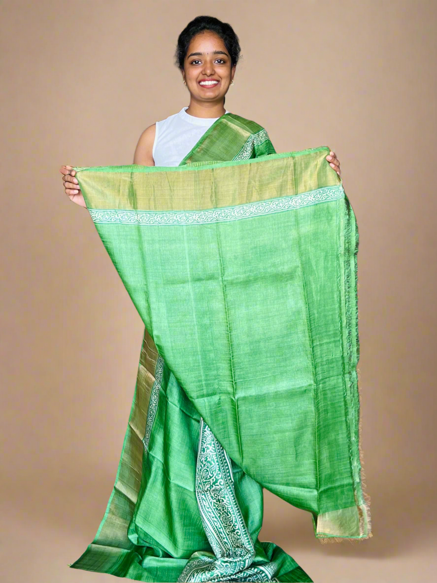 Green Tussar Silk Saree with Prints