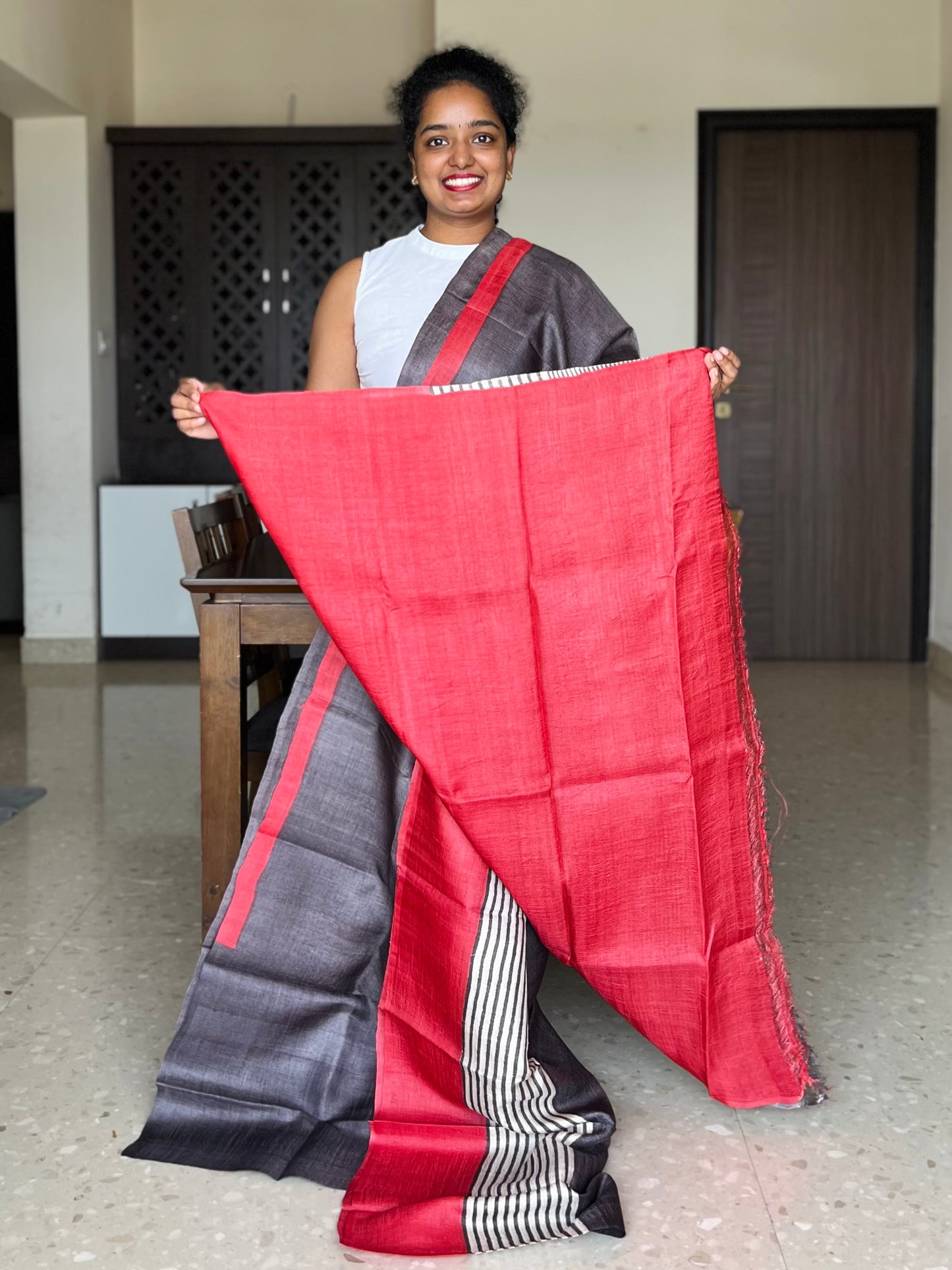 Brown and Red Tussar Silk Saree with Prints