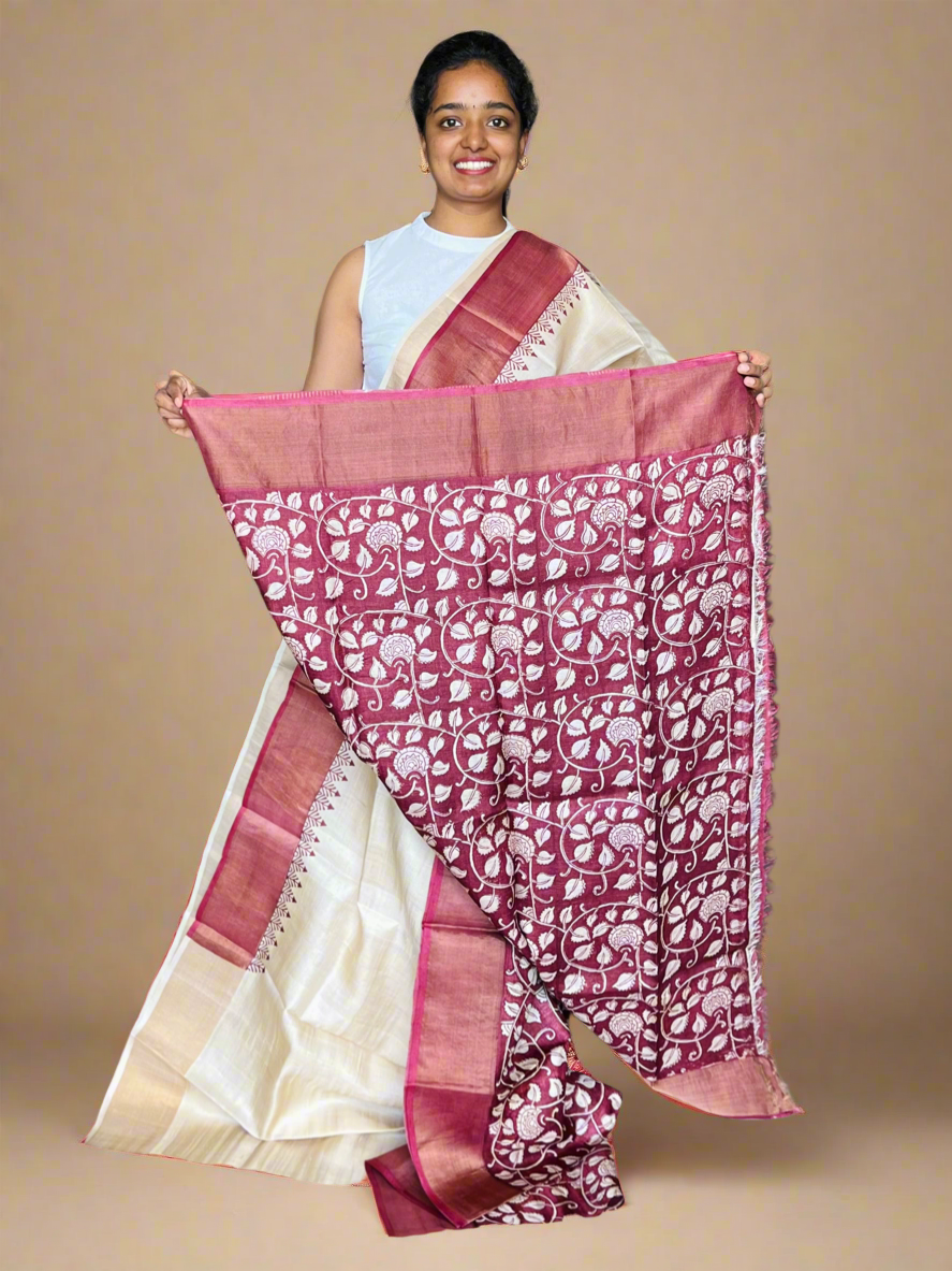 Cream and Maroon Tussar Silk Saree with Prints