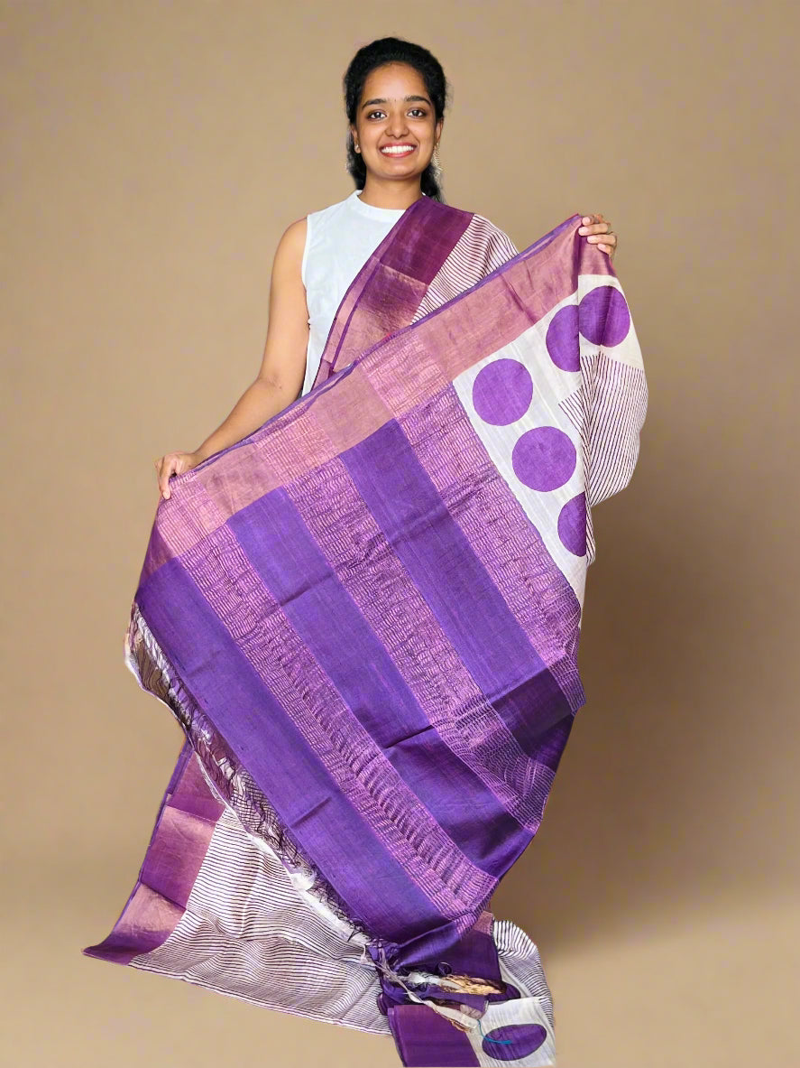Purple Tussar Silk Saree with Prints