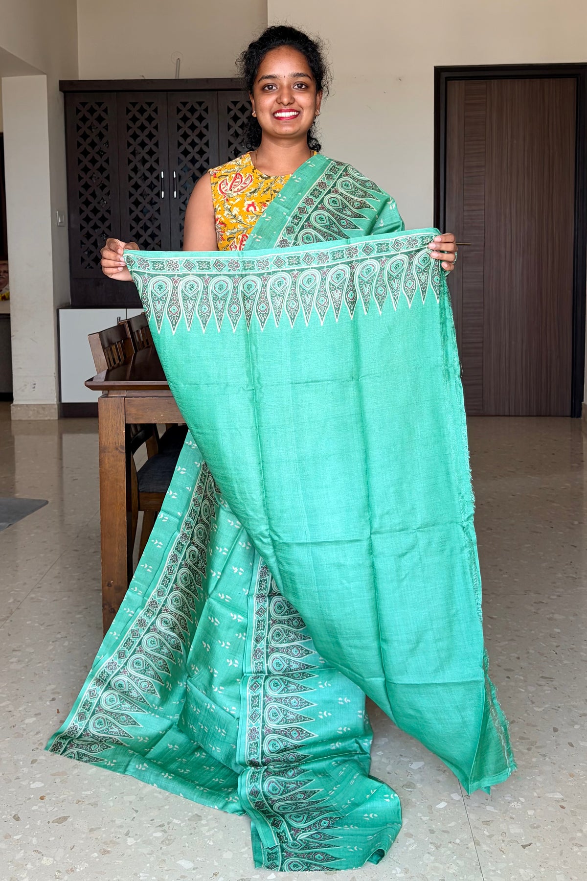 Green Tussar Silk Saree with Prints