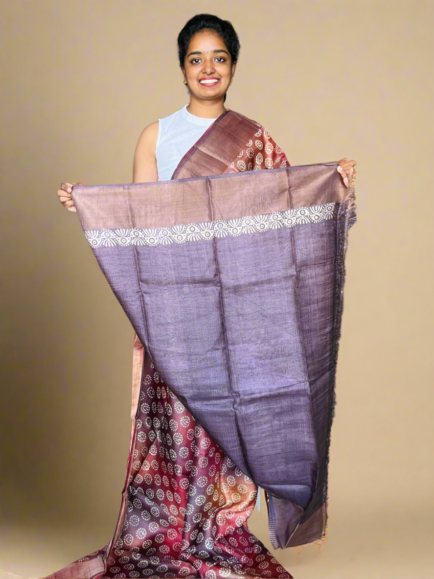 Brown Tussar Silk Saree with Prints