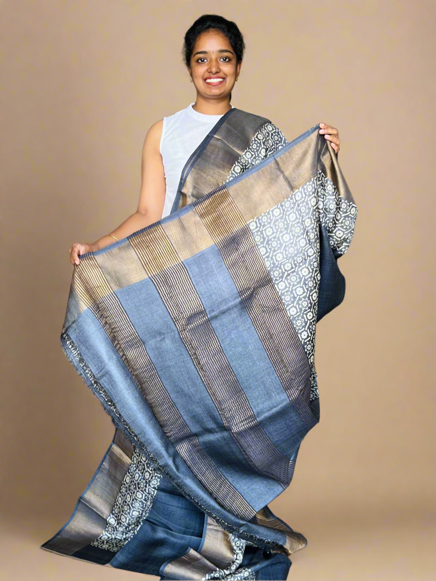 Black Tussar Silk Saree with Prints