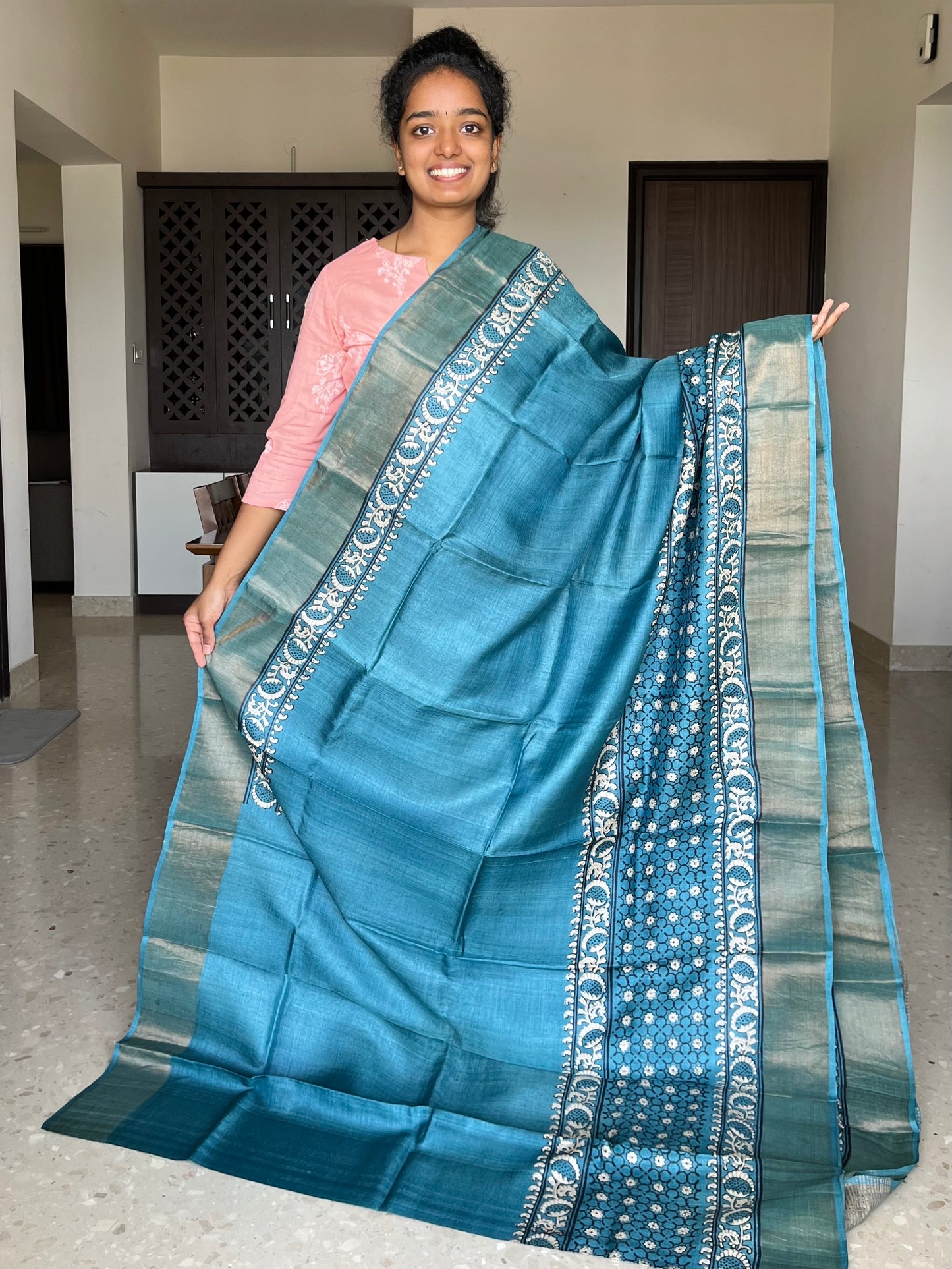 Powder Blue Tussar Silk Saree with Prints