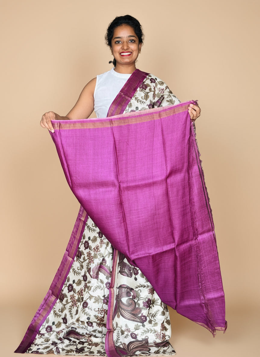 Cream and Magenta Tussar Silk Saree with Prints