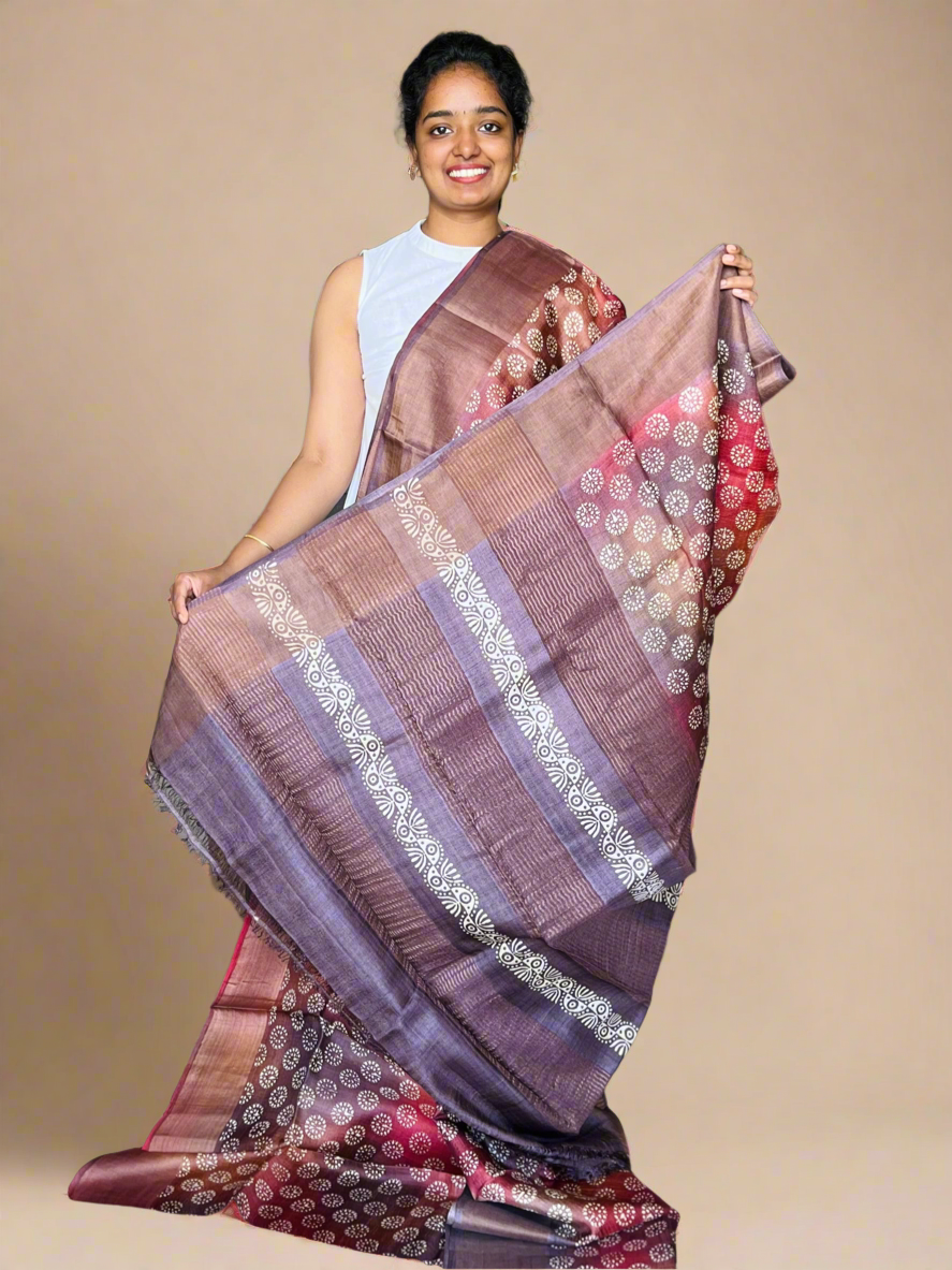 Brown Tussar Silk Saree with Prints