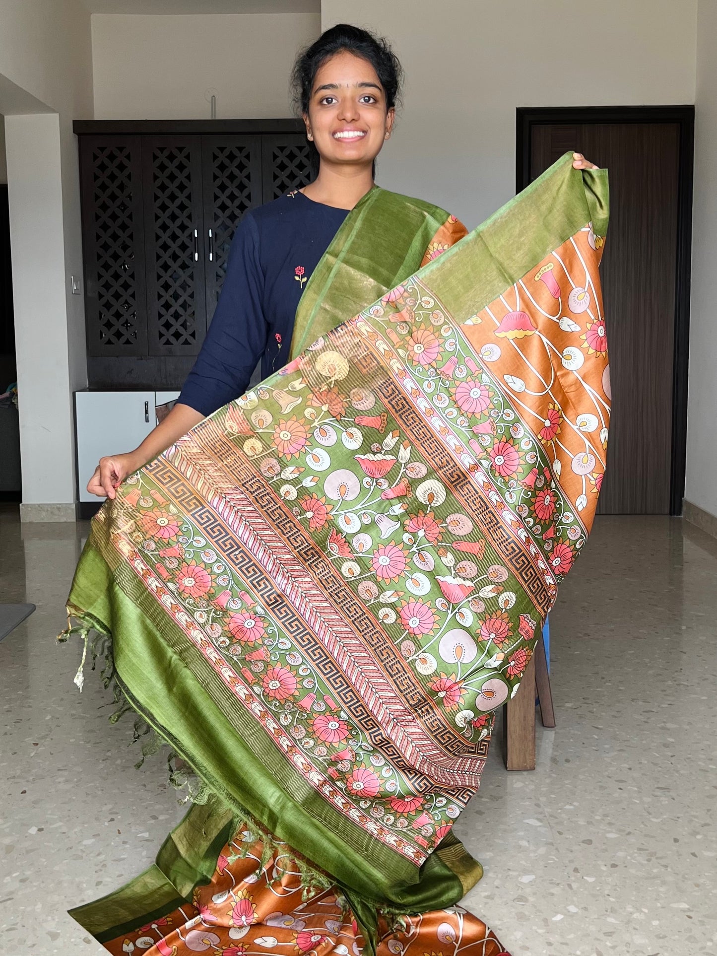 Rust and Green Tussar Silk Saree with Prints