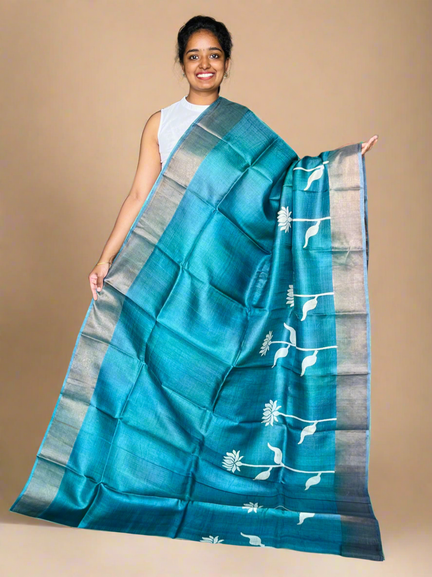 Peacock Green Tussar Silk Saree with Prints