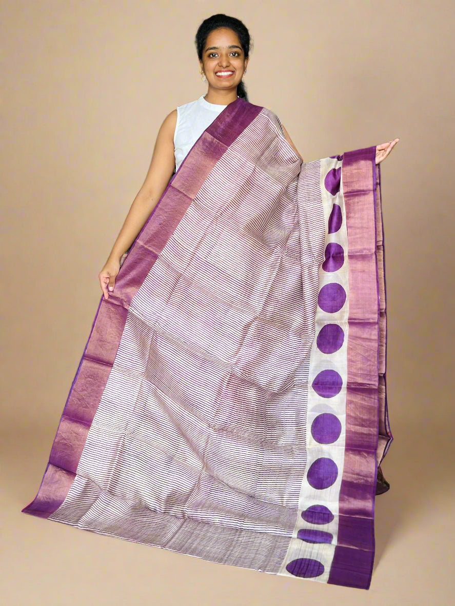 Purple Tussar Silk Saree with Prints