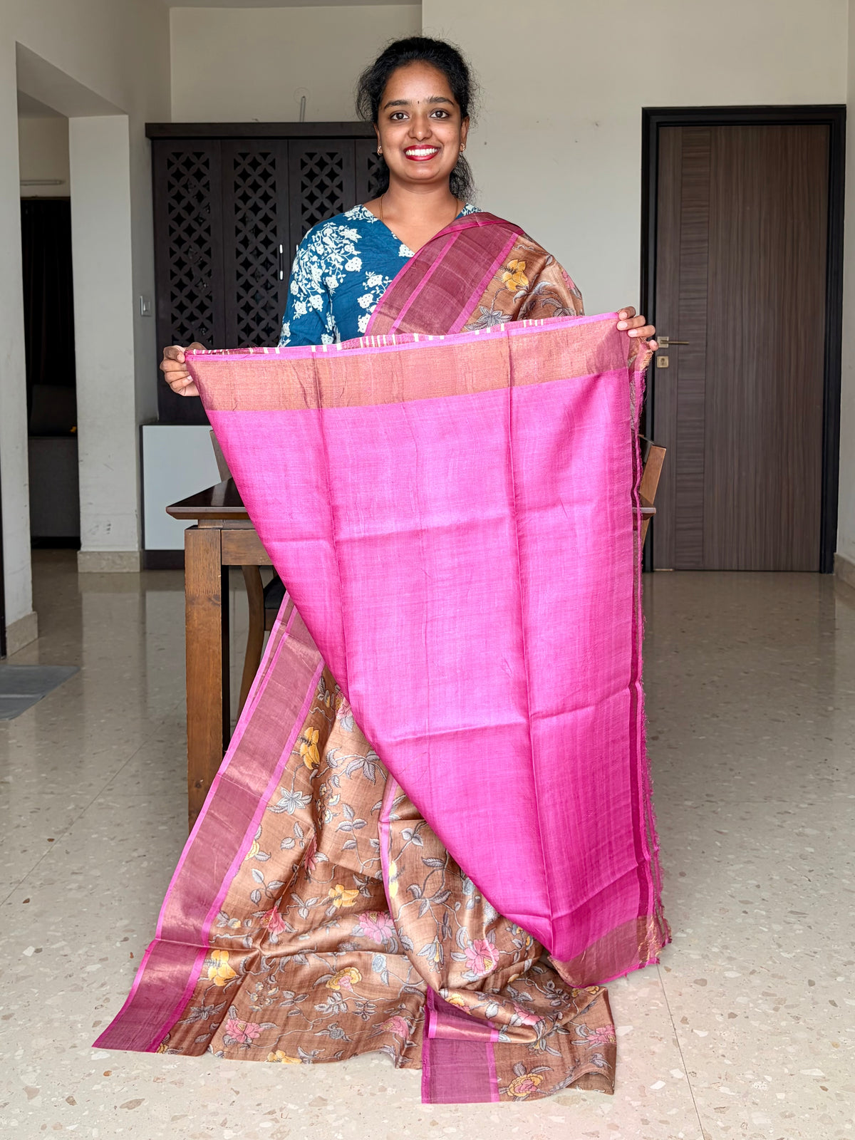 Brown and Magenta Tussar Silk Saree with Prints