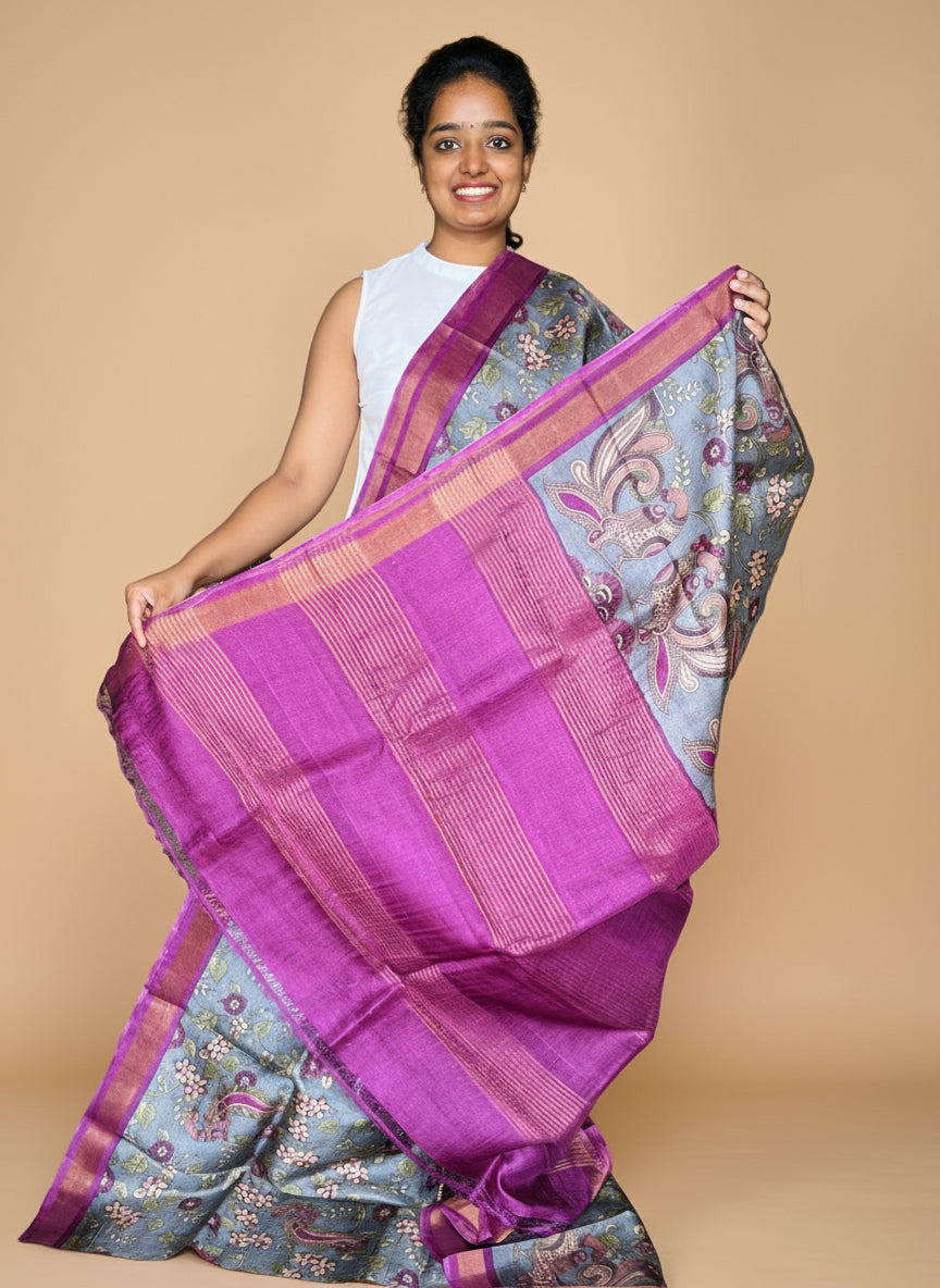 Grey and Magenta Tussar Silk Saree with Prints